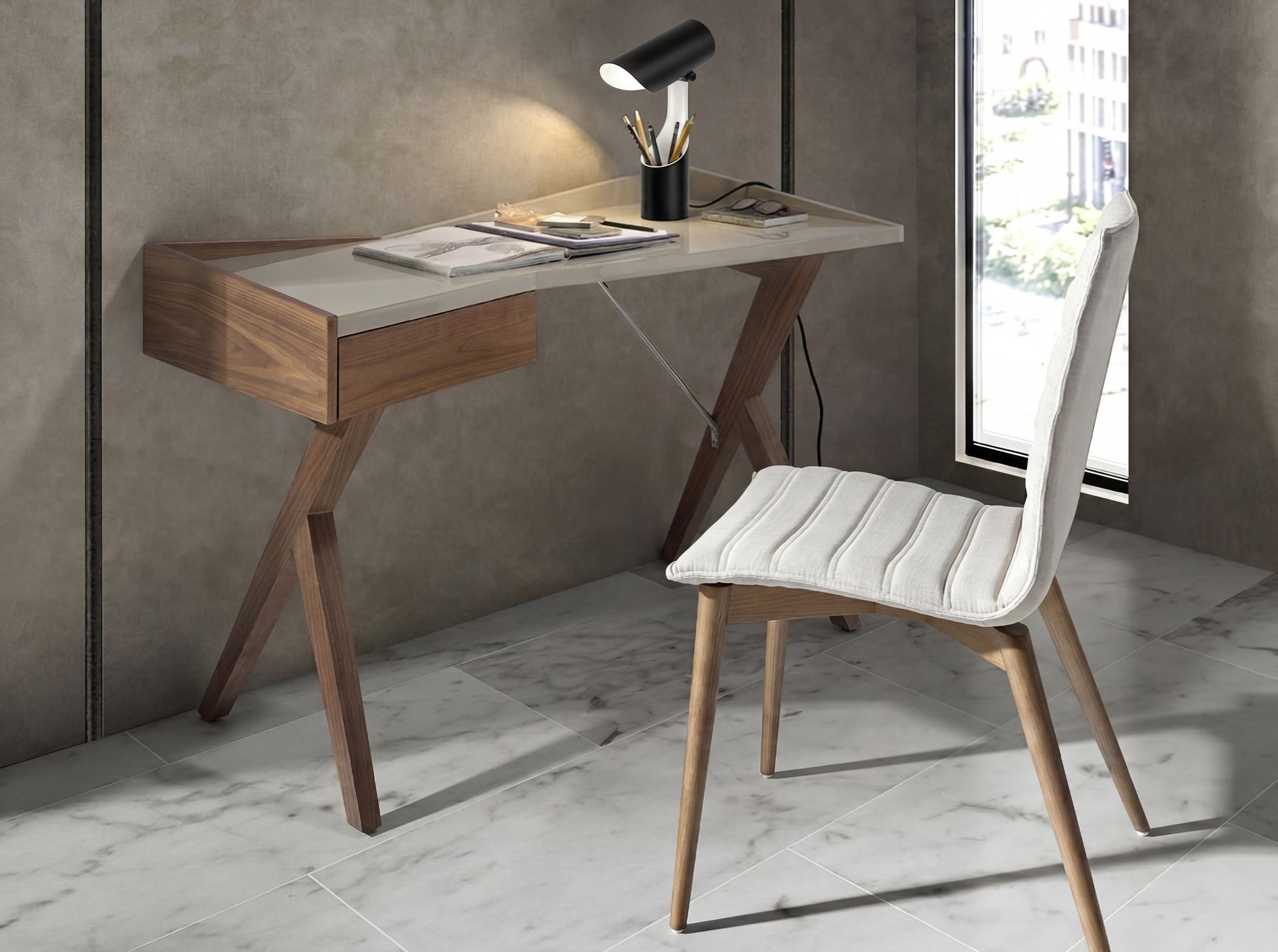 Table lamp in black and white steel