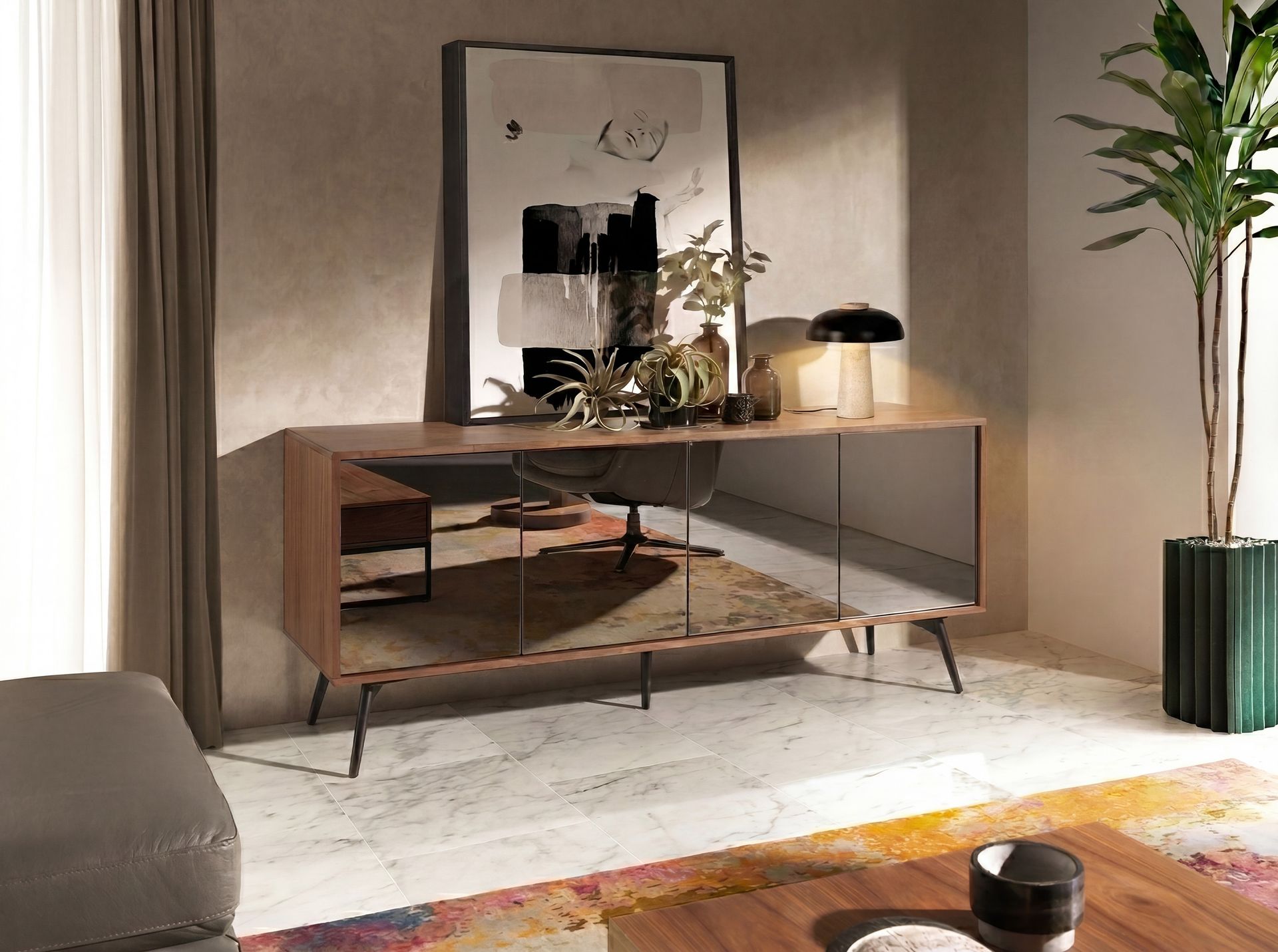 Table lamp in black steel and porcelain marble