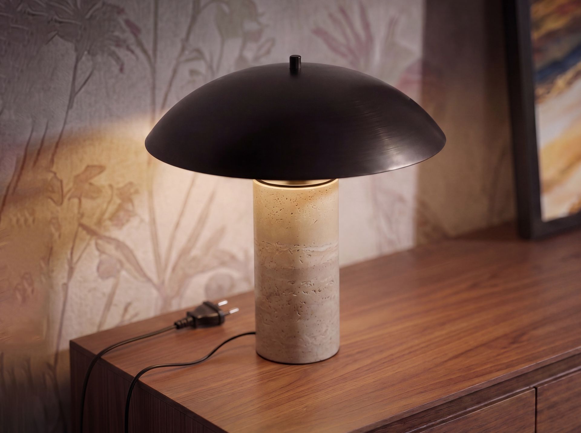 Table lamp in black steel and porcelain marble