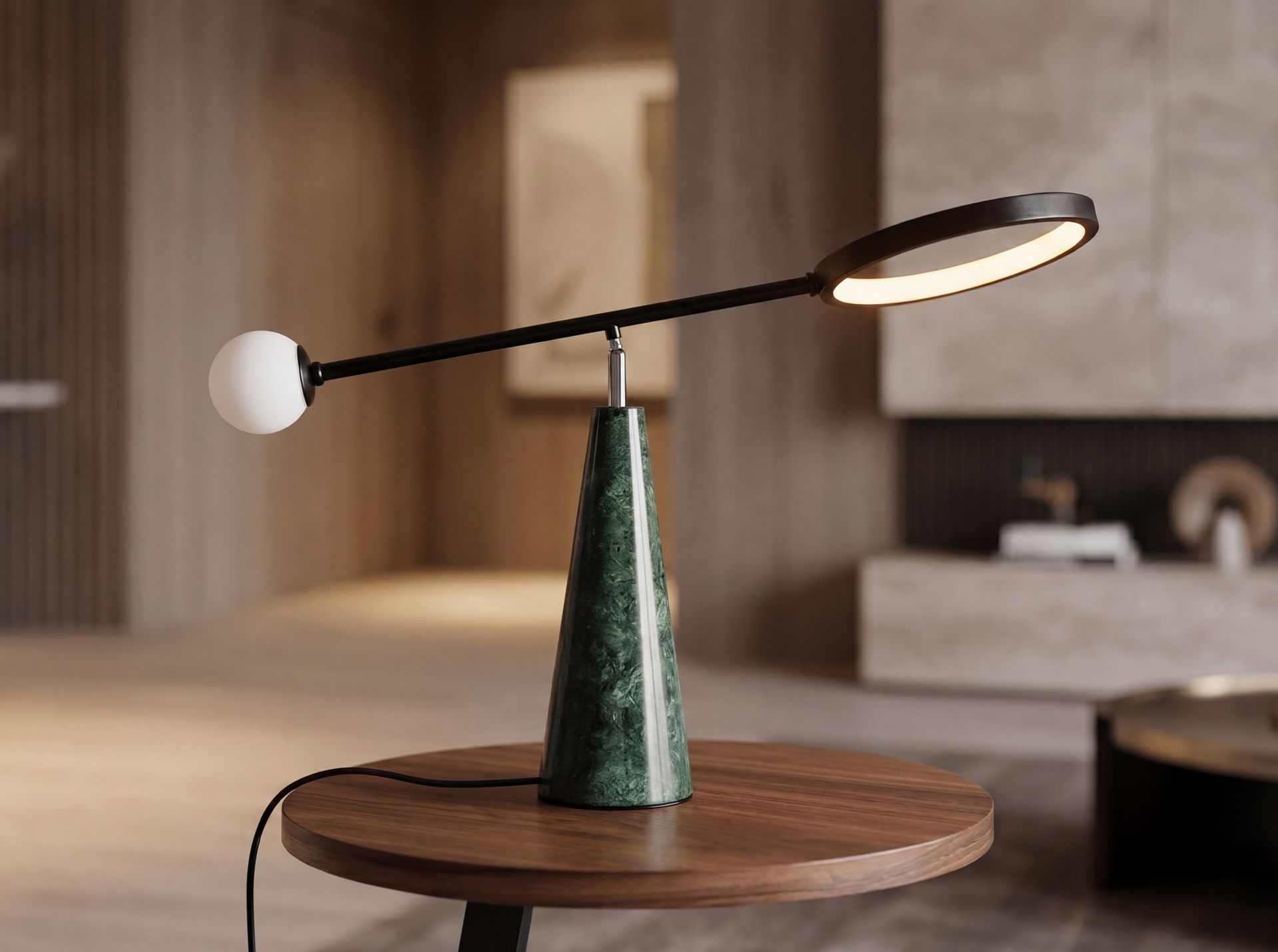 Table lamp in black steel and porcelain marble