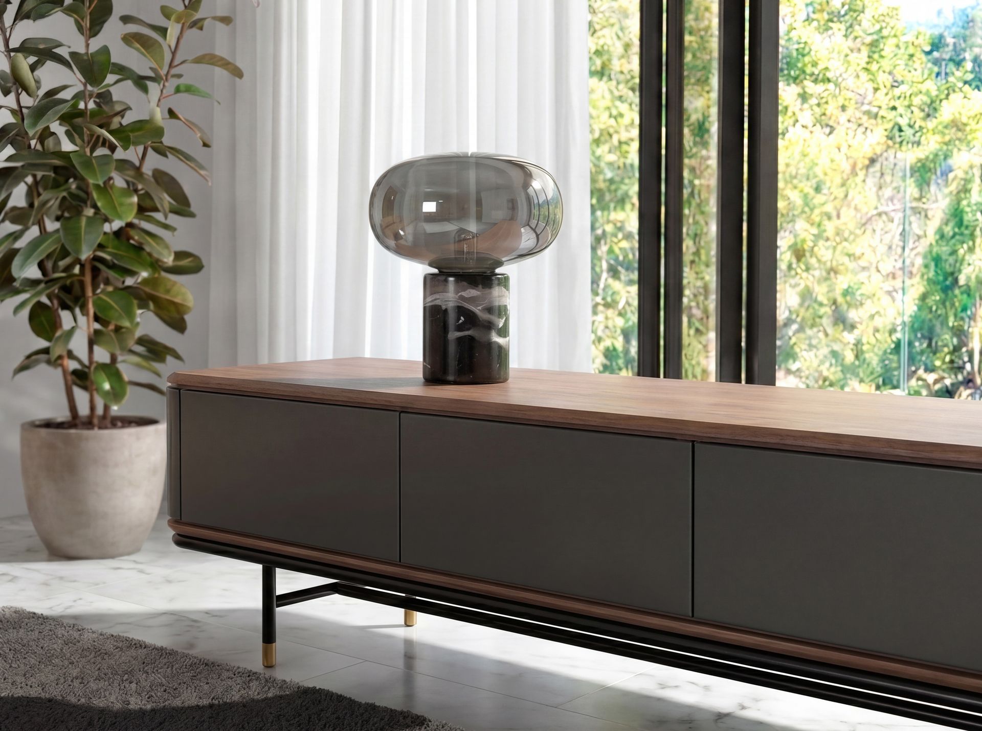 Table lamp in grey smoked mirror-effect glass and porcelain marble