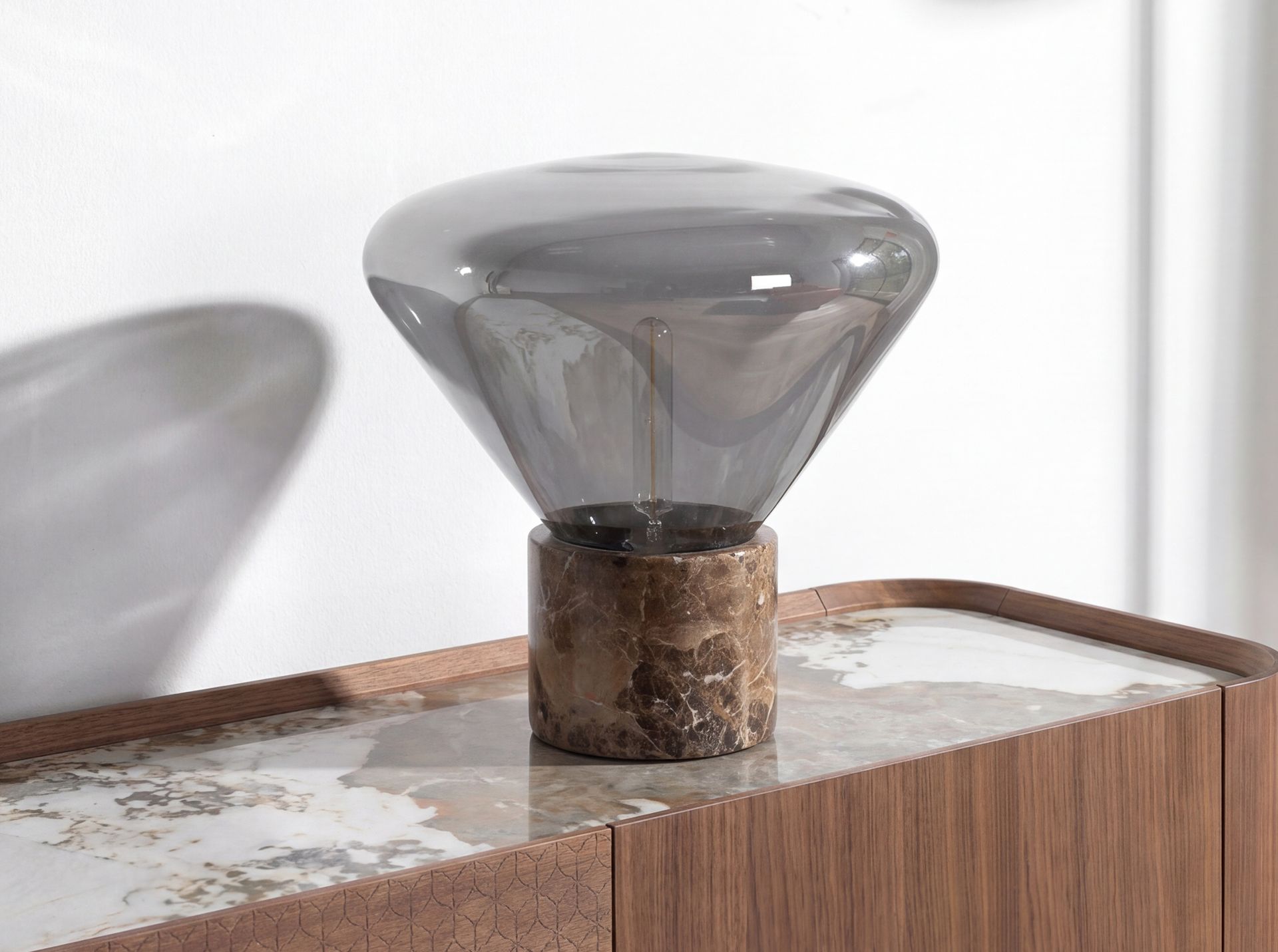 Table lamp in grey smoked mirror-effect glass and porcelain marble