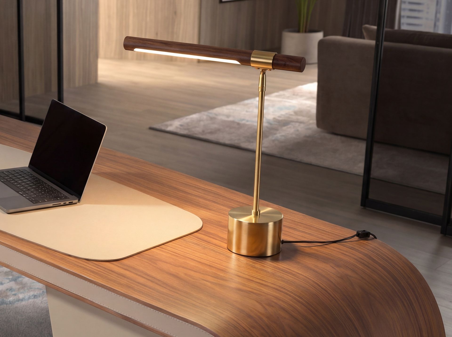 Table lamp in walnut-effect steel and polished gold steel