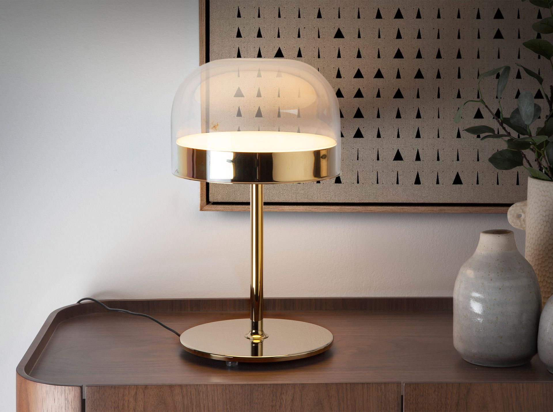 Table lamp in steel and transparent glass