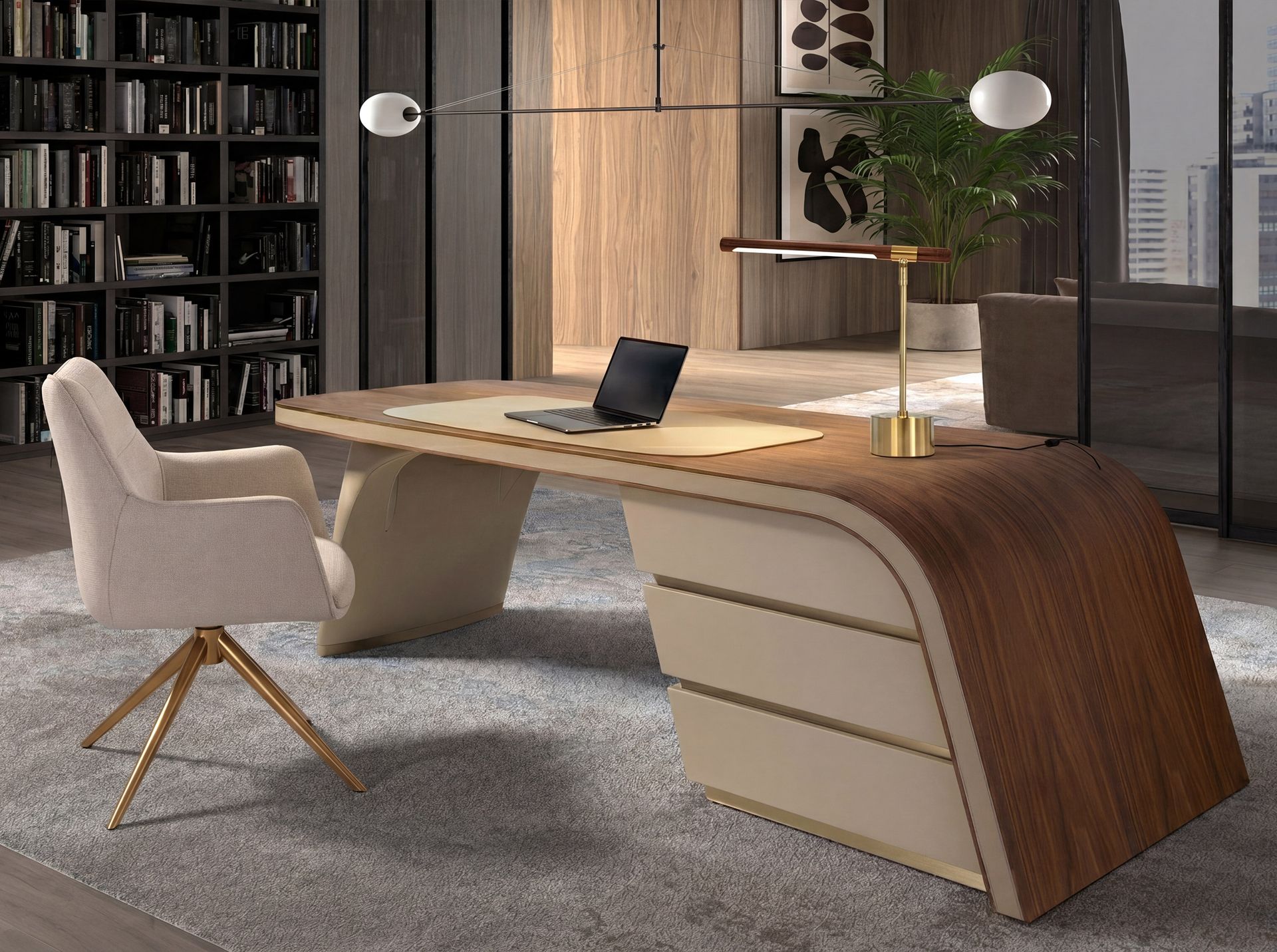 Table lamp in walnut-effect steel and polished gold steel