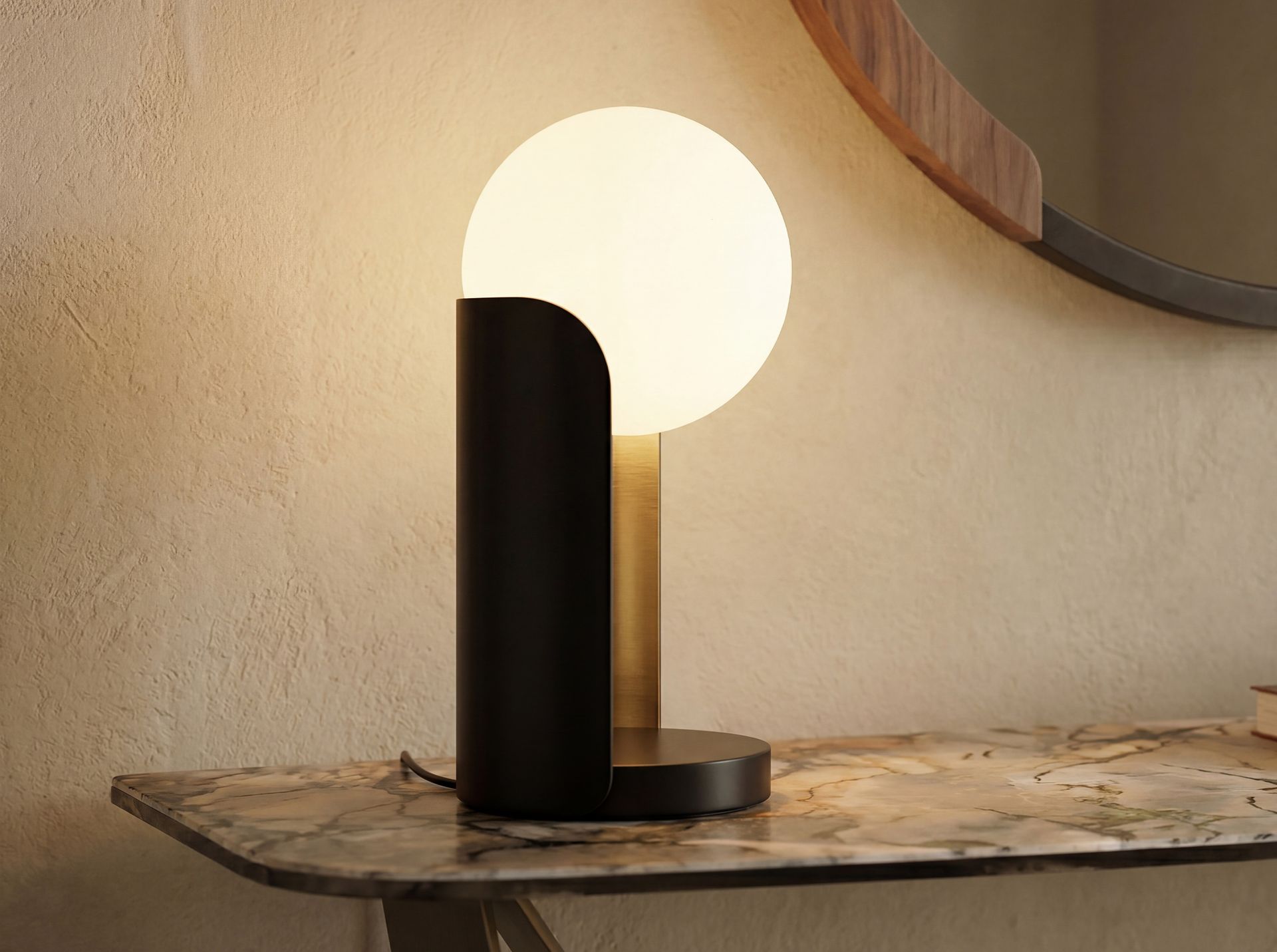Table lamp in white glass and black steel