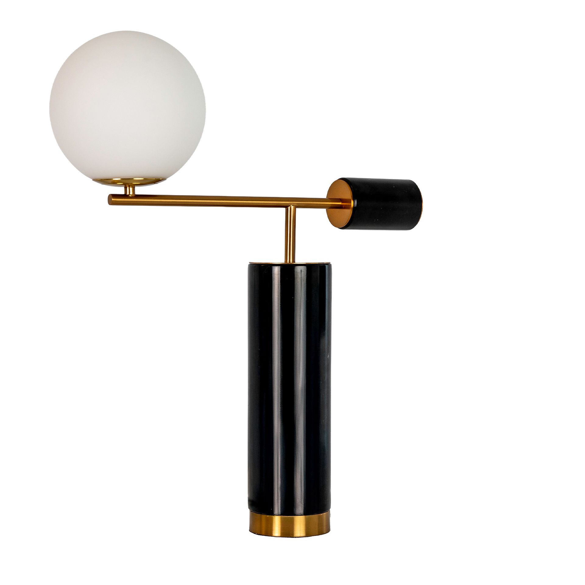 Table lamp in white glass, polished gold steel and porcelain marble base