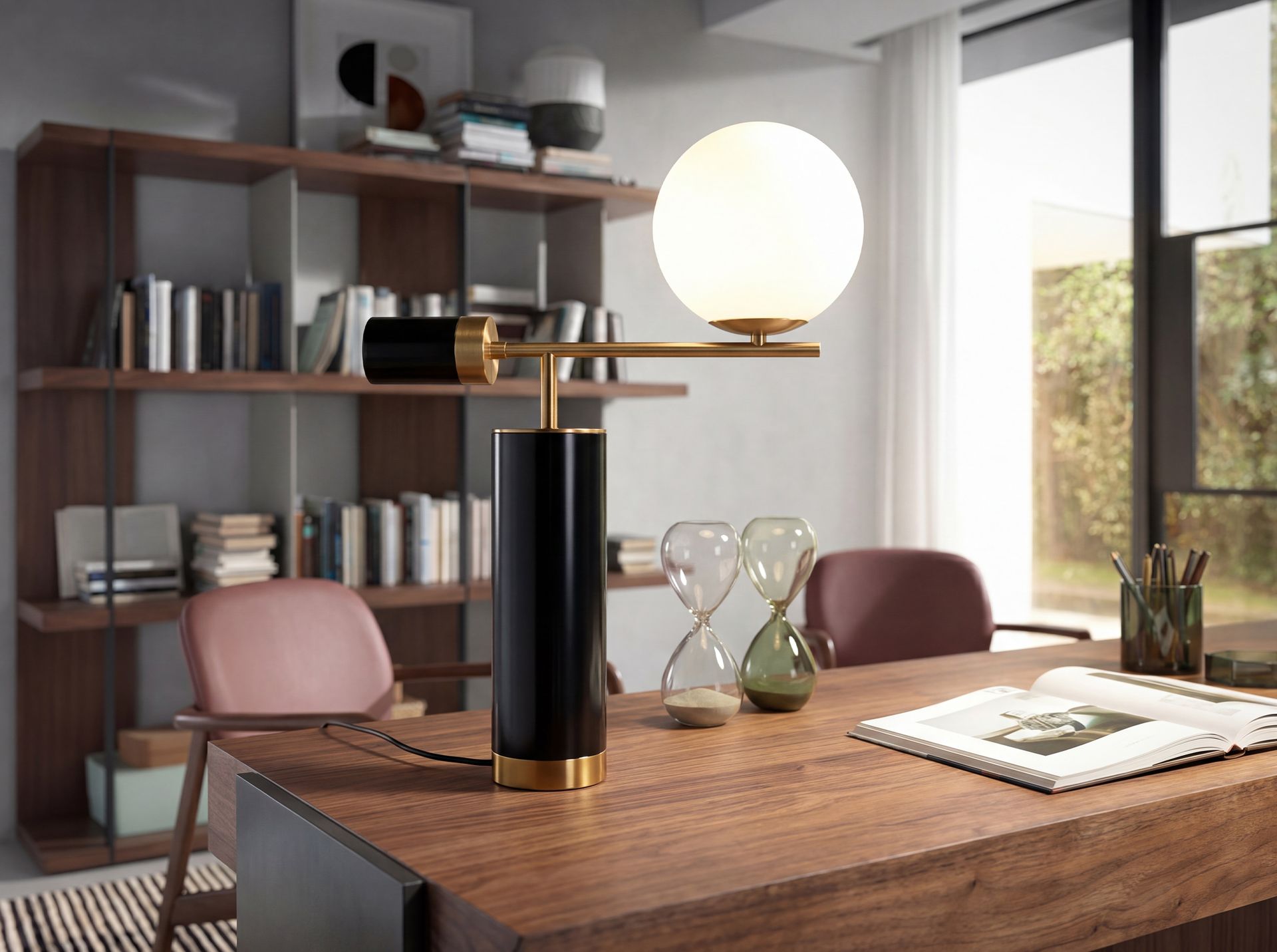 Table lamp in white glass, polished gold steel and porcelain marble base