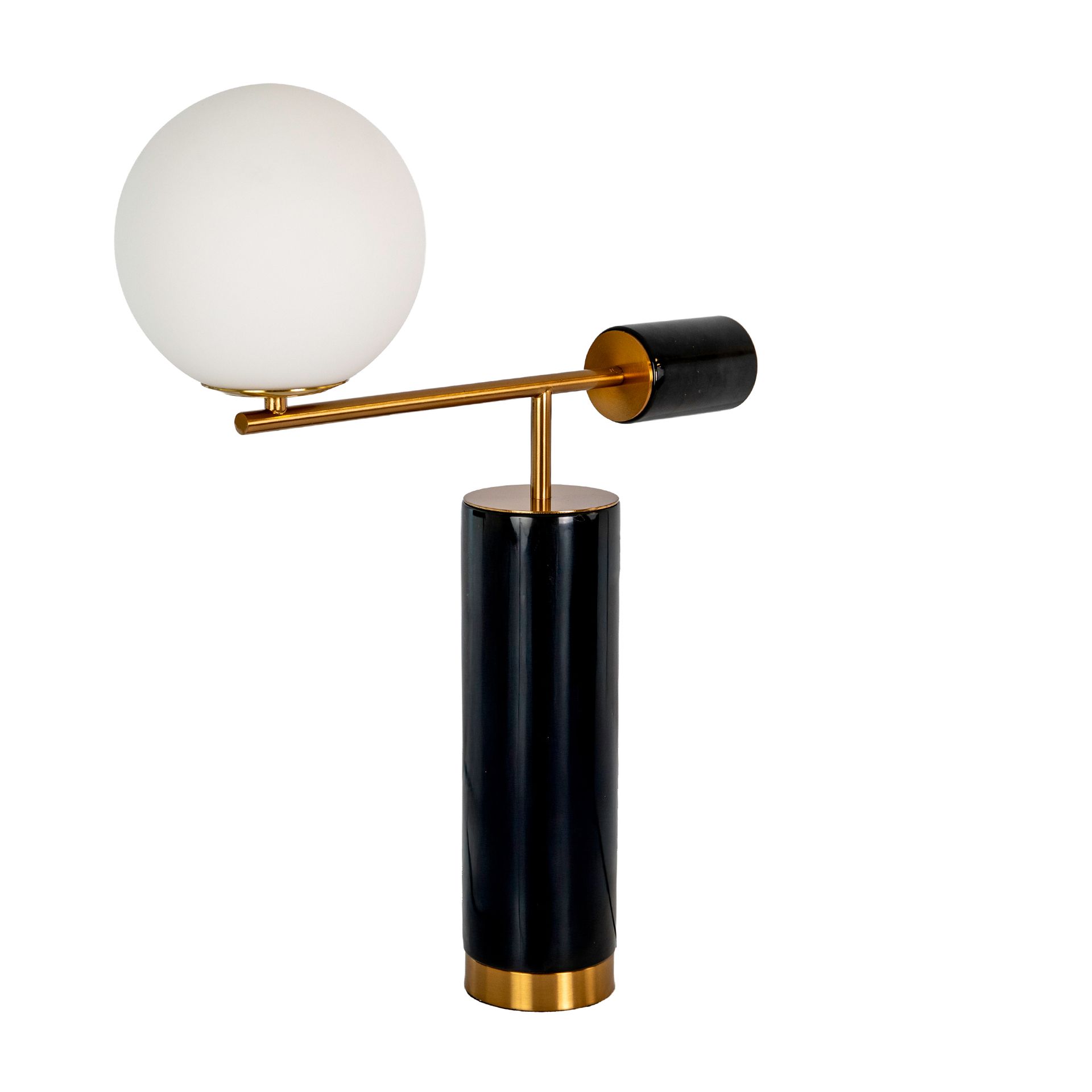 Table lamp in white glass, polished gold steel and porcelain marble base