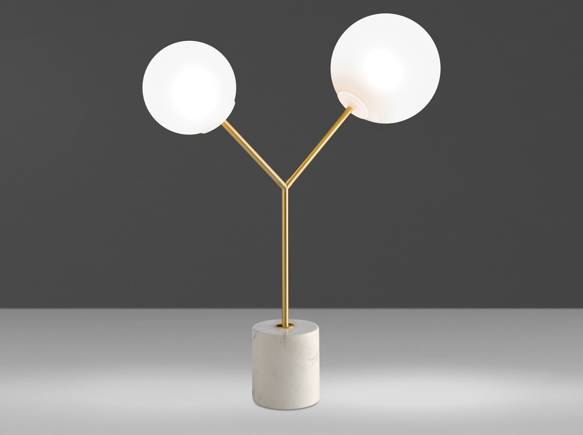 Table lamp in white marble, golden steel and white glass