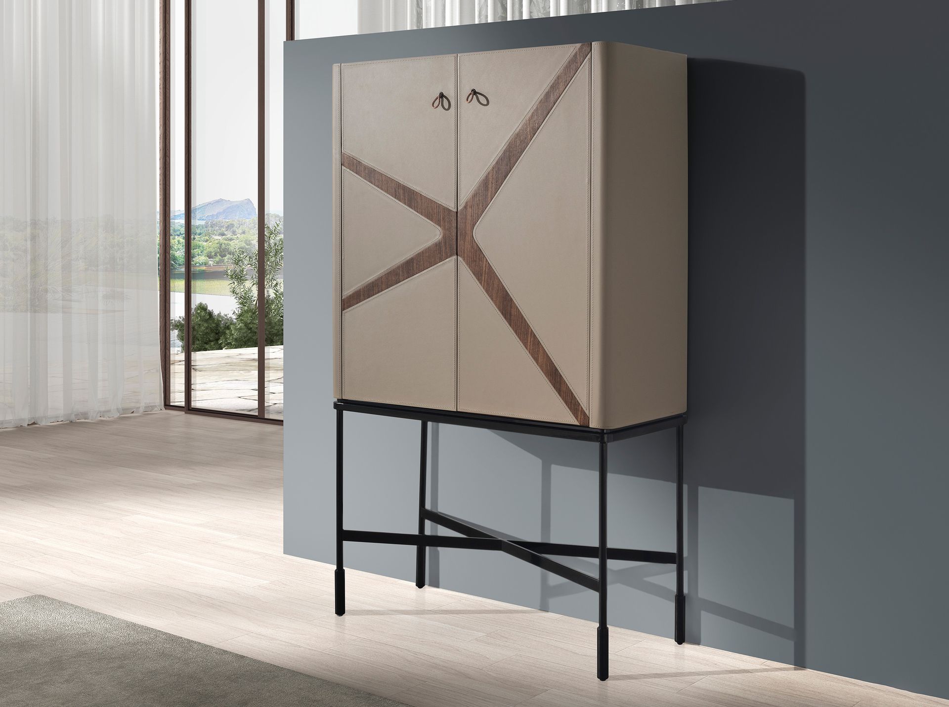 Tall sideboard in leatherette, walnut and black steel