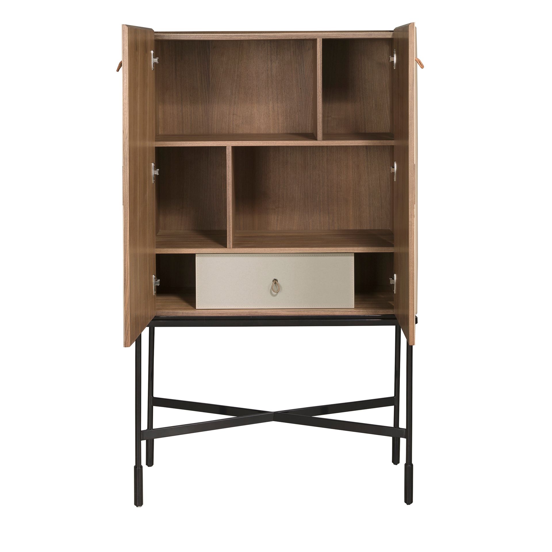 Tall sideboard in leatherette, walnut and black steel