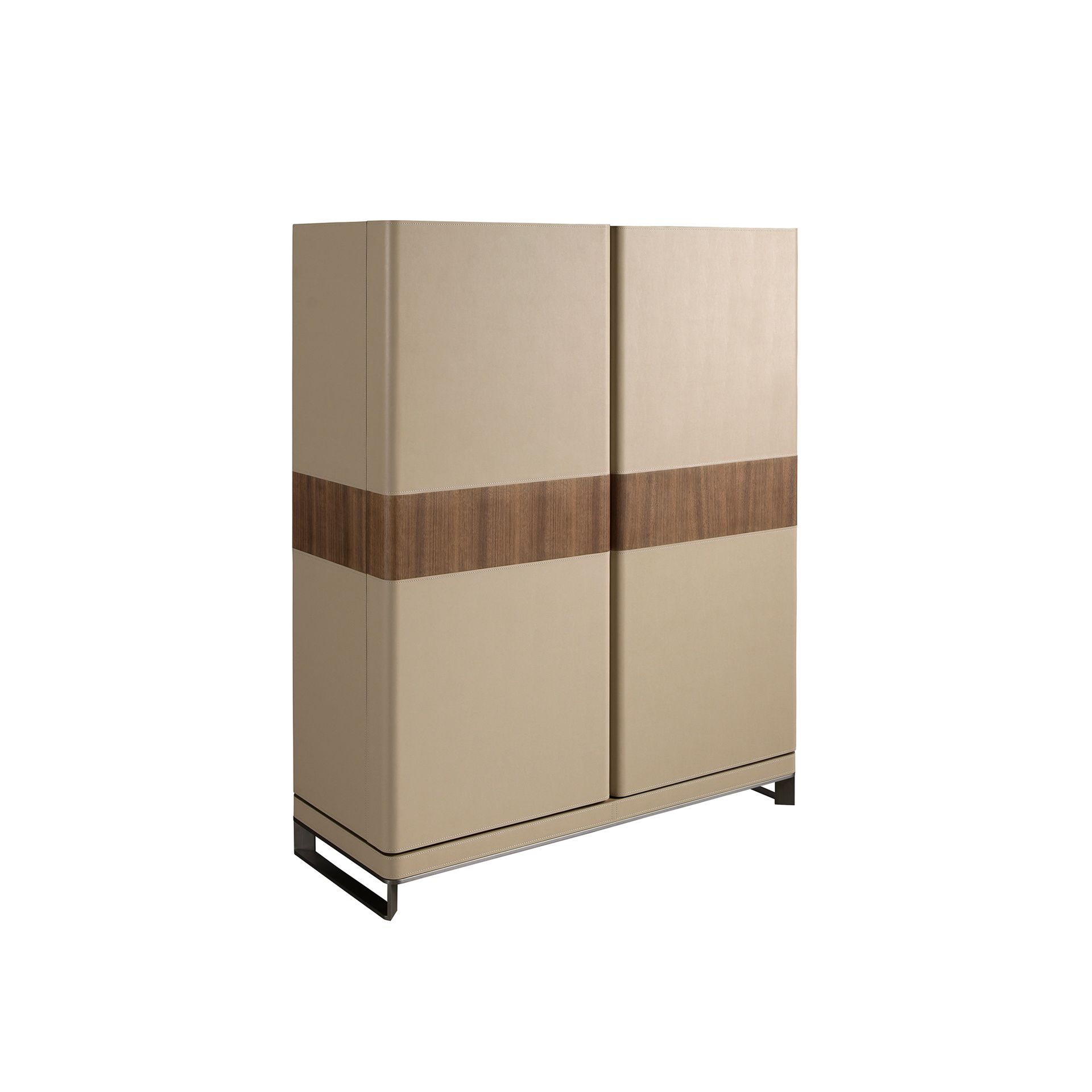 Tall sideboard in leatherette, walnut and polished steel