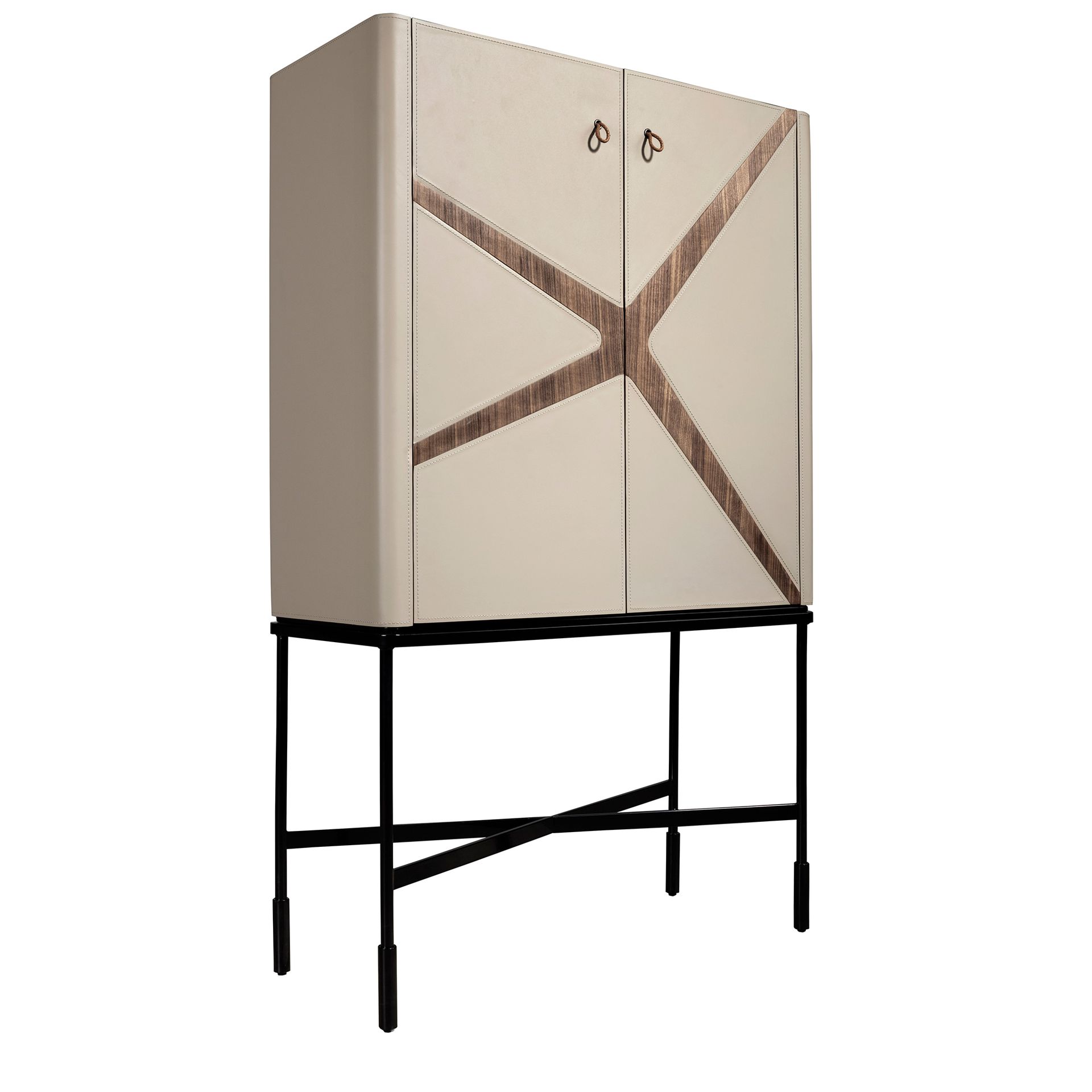 Tall sideboard in leatherette, walnut and black steel