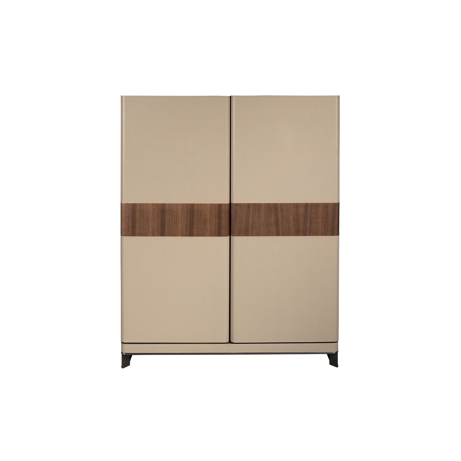 Tall sideboard in leatherette, walnut and polished steel