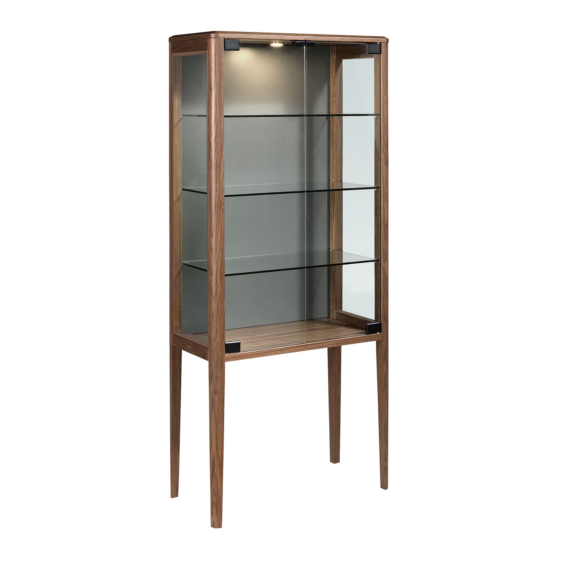 Tall sideboard in tempered glass and walnut with interior lighting
