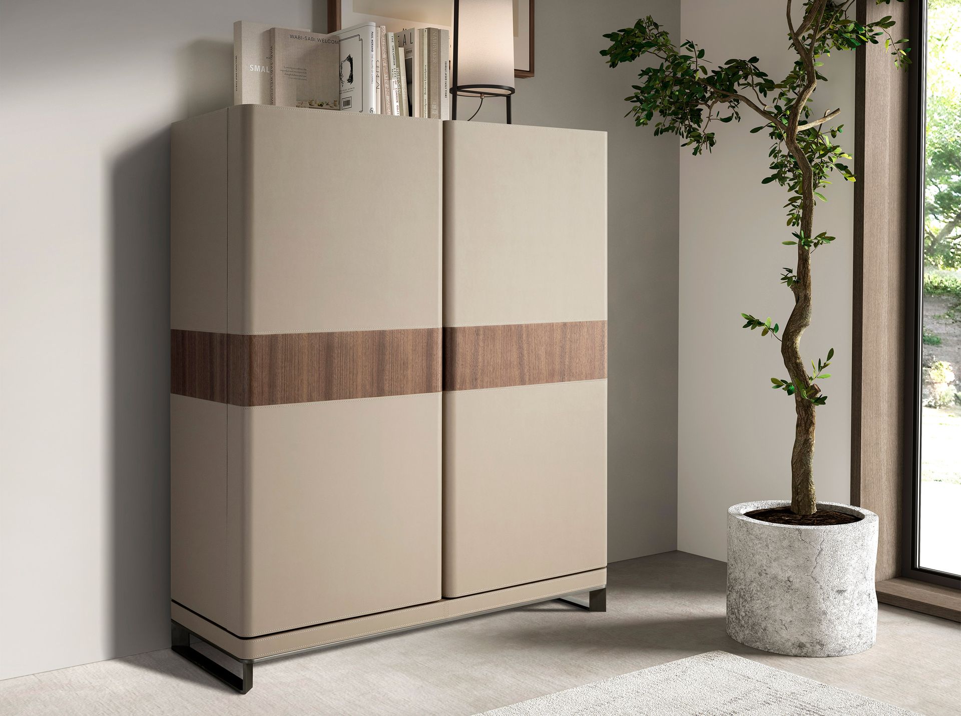 Tall sideboard in leatherette, walnut and polished steel
