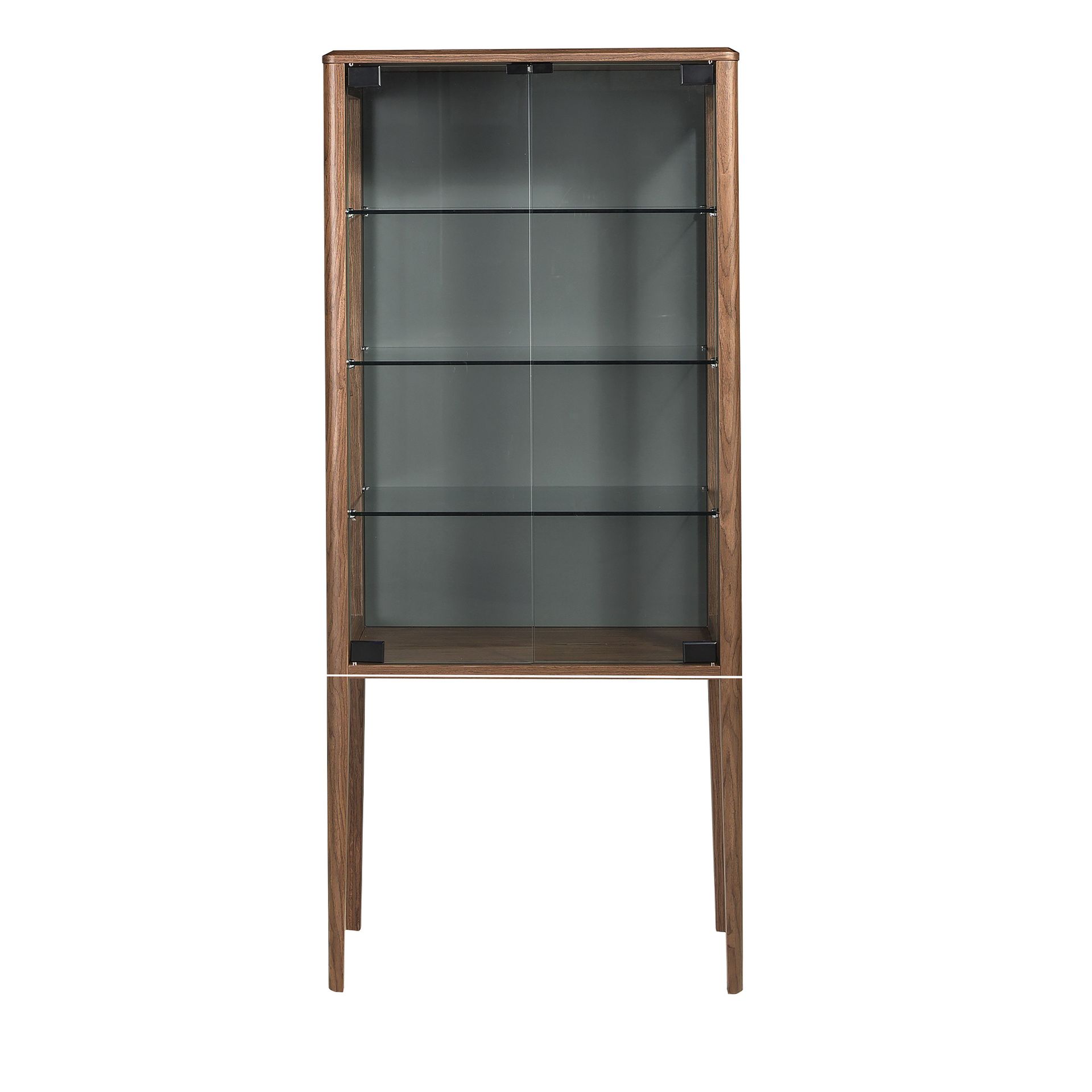 Tall sideboard in tempered glass and walnut with interior lighting