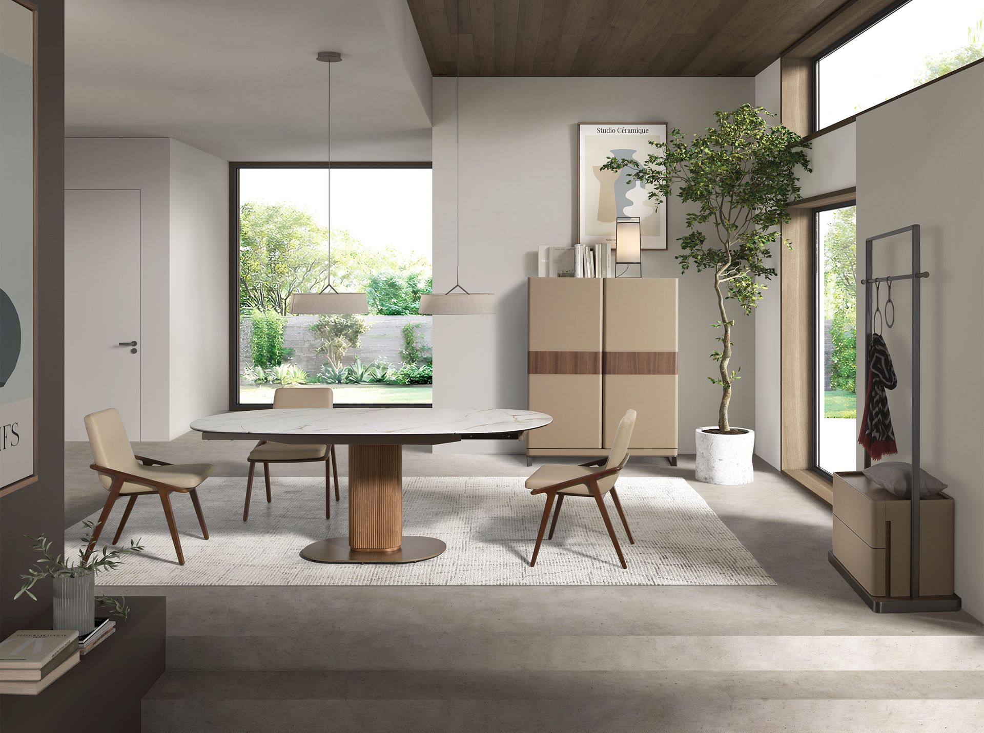 Tall sideboard in leatherette, walnut and polished steel