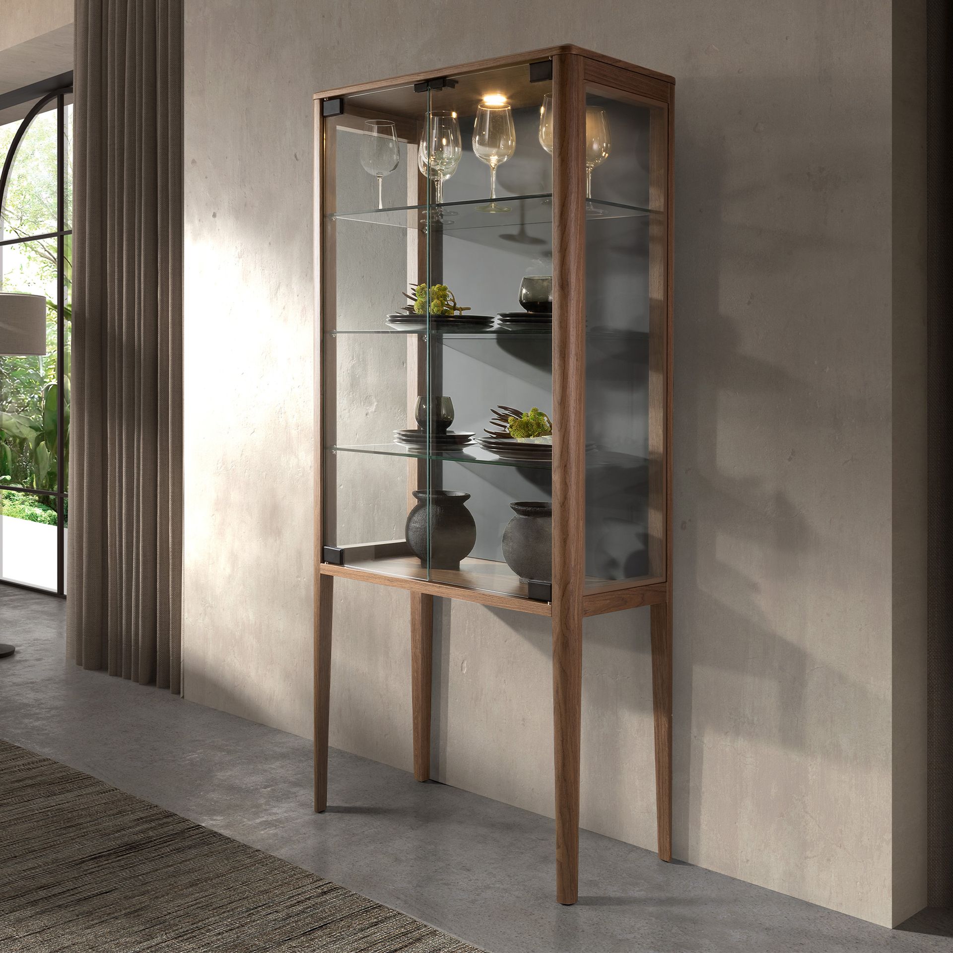 Tall sideboard in tempered glass and walnut with interior lighting