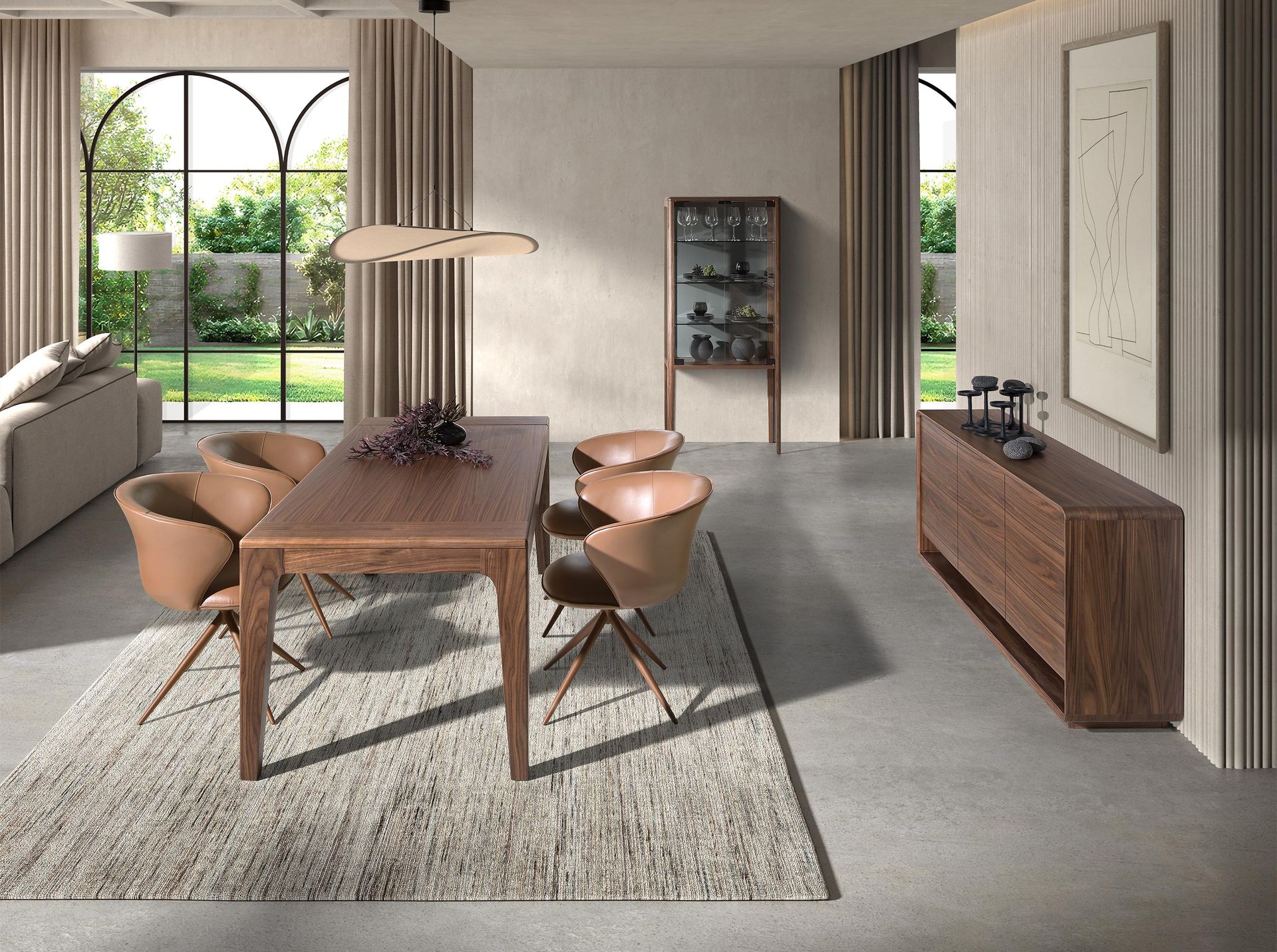 Tall sideboard in tempered glass and walnut with interior lighting