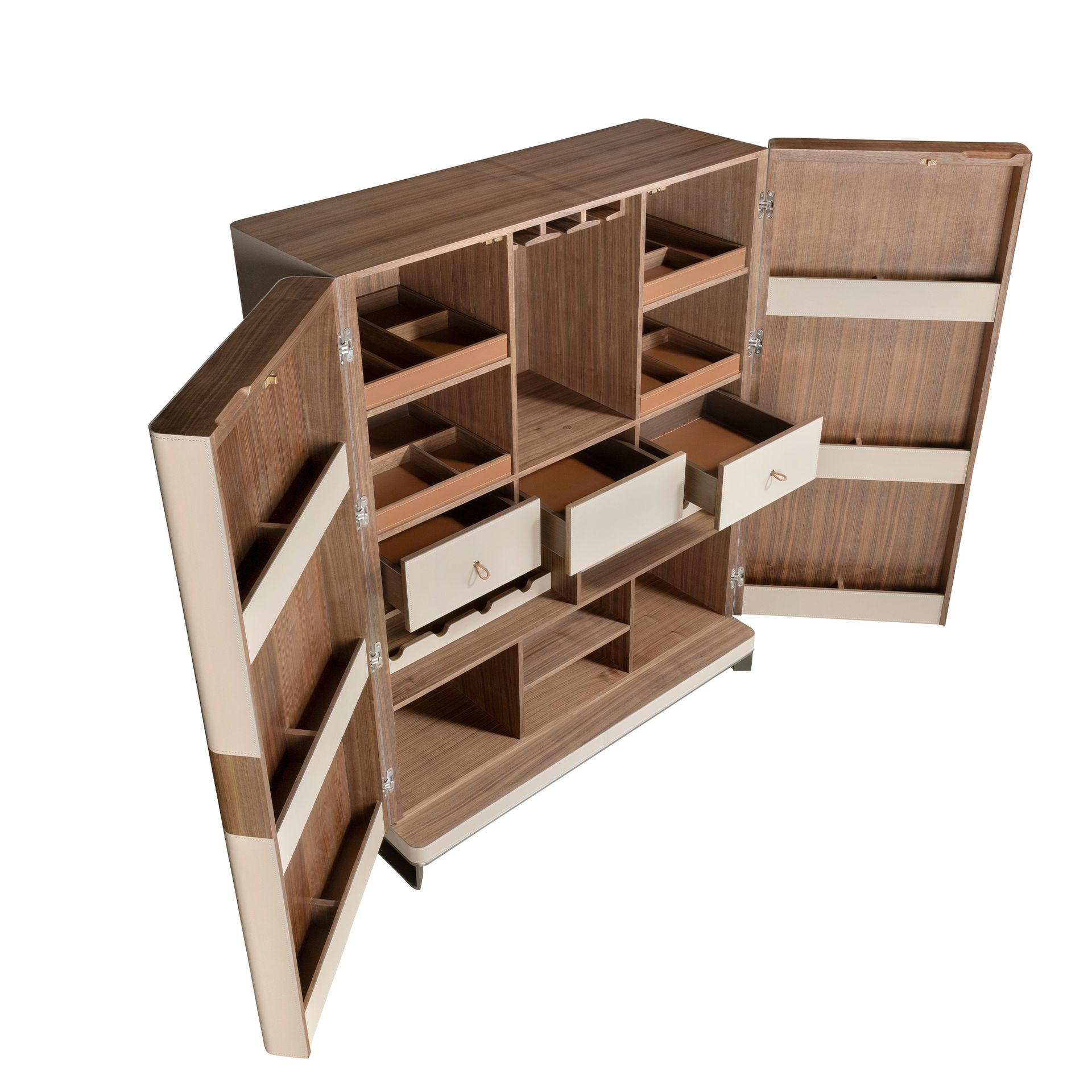 Tall sideboard in leatherette, walnut and polished steel