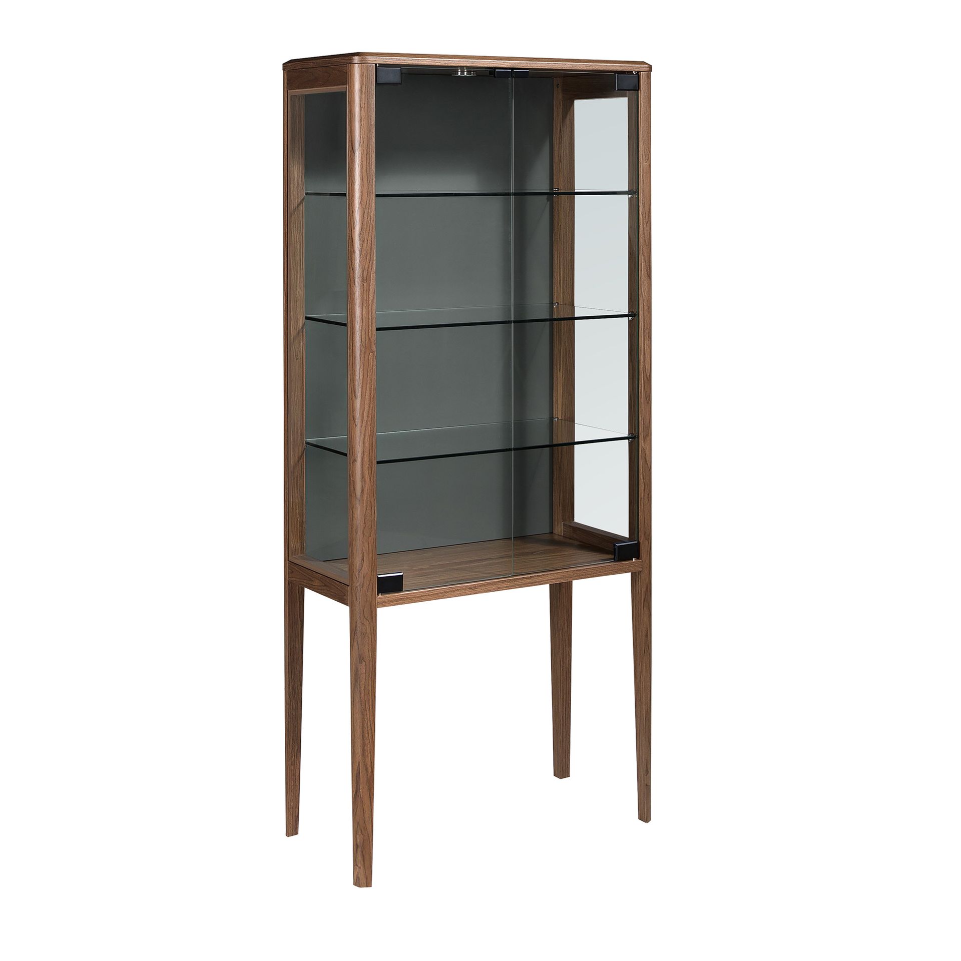 Tall sideboard in tempered glass and walnut with interior lighting