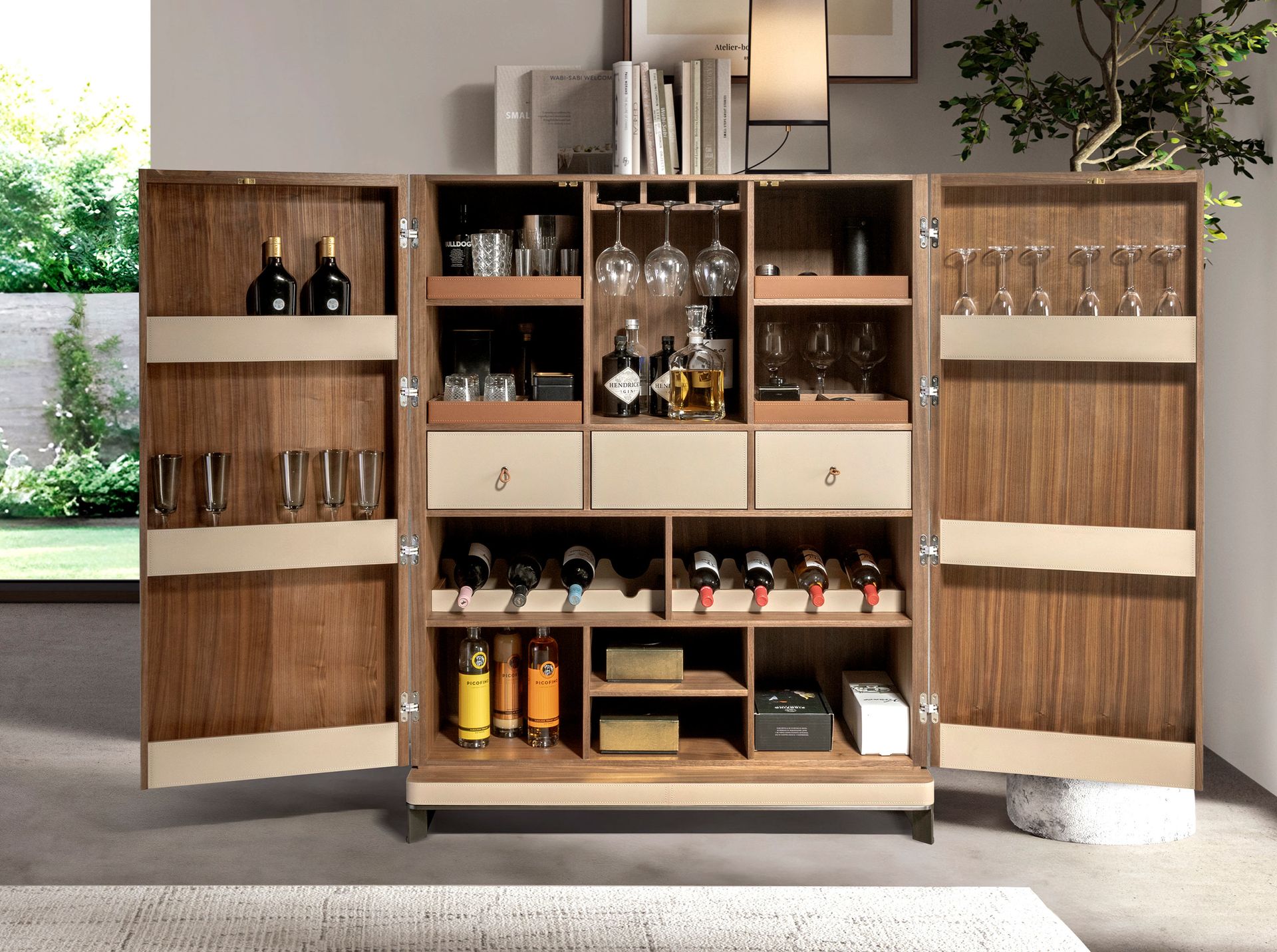 Tall sideboard in leatherette, walnut and polished steel
