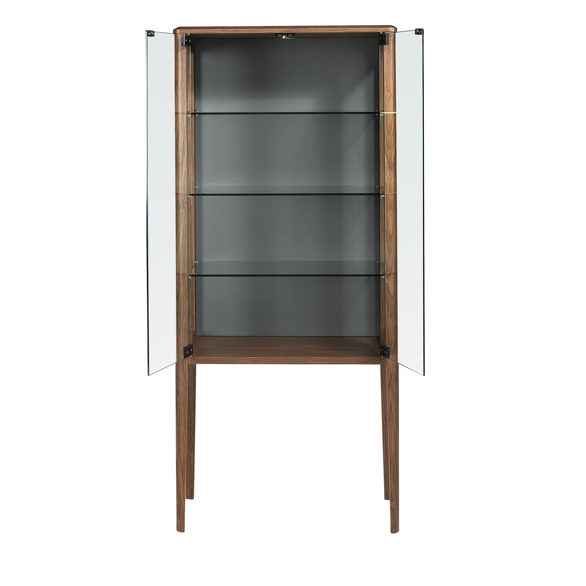 Tall sideboard in tempered glass and walnut with interior lighting