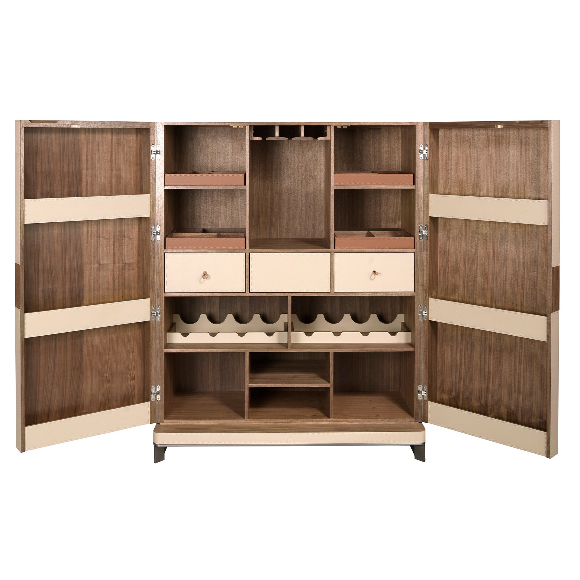 Tall sideboard in leatherette, walnut and polished steel