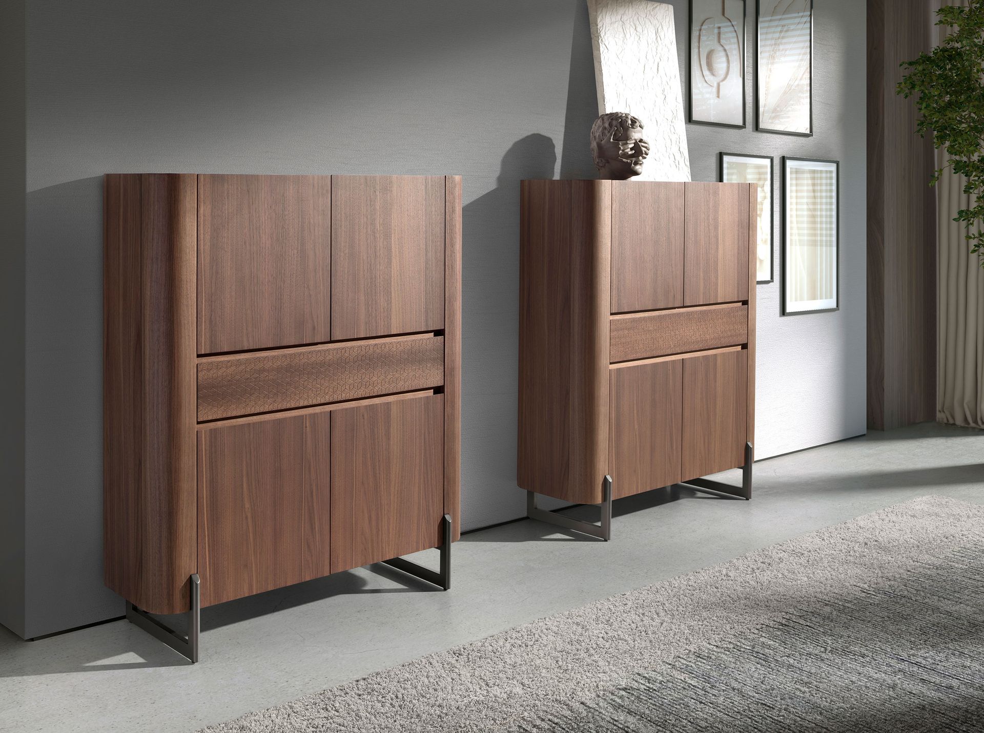 Tall sideboard walnut and dark metallised steel