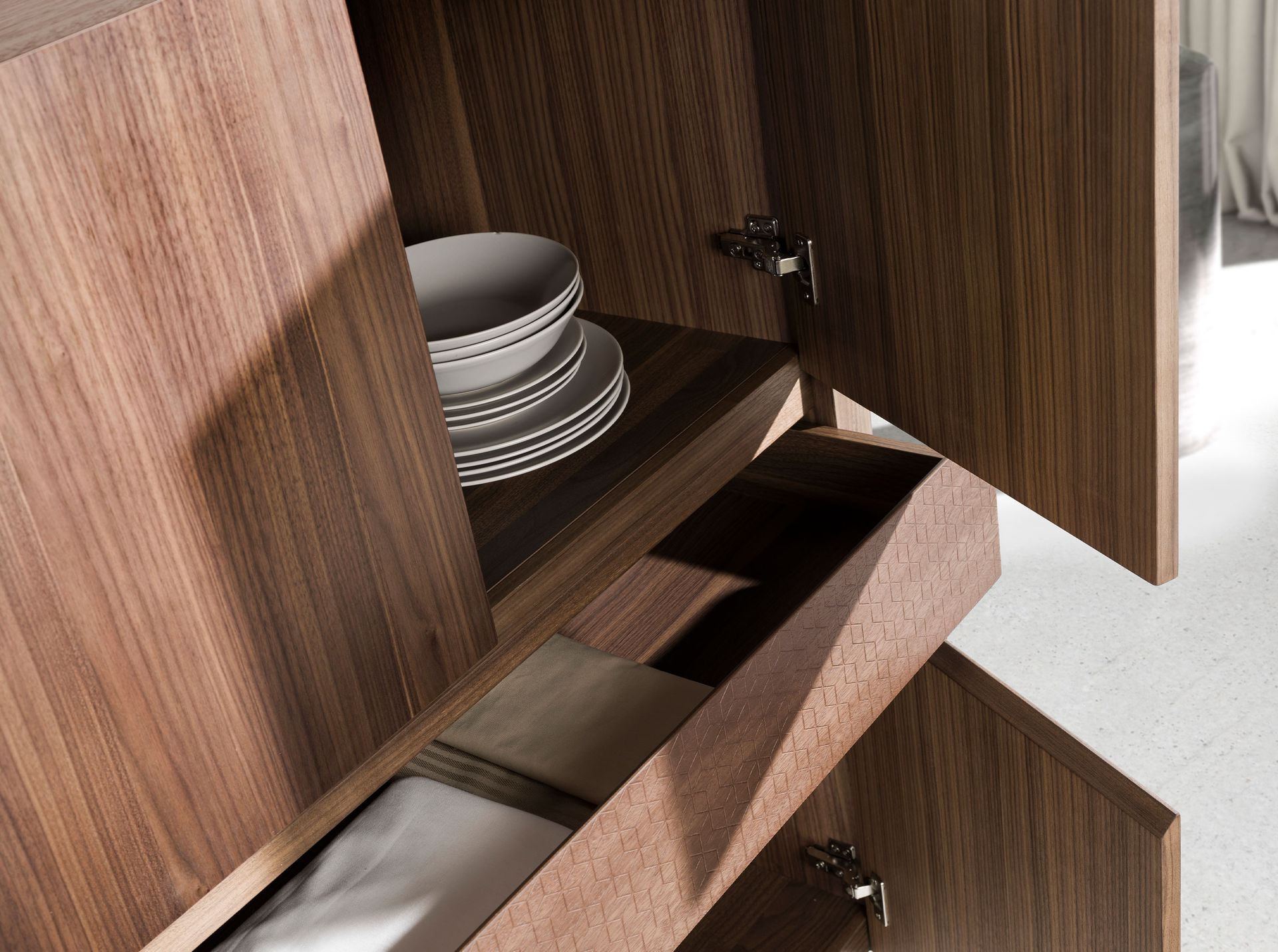Tall sideboard walnut and dark metallised steel