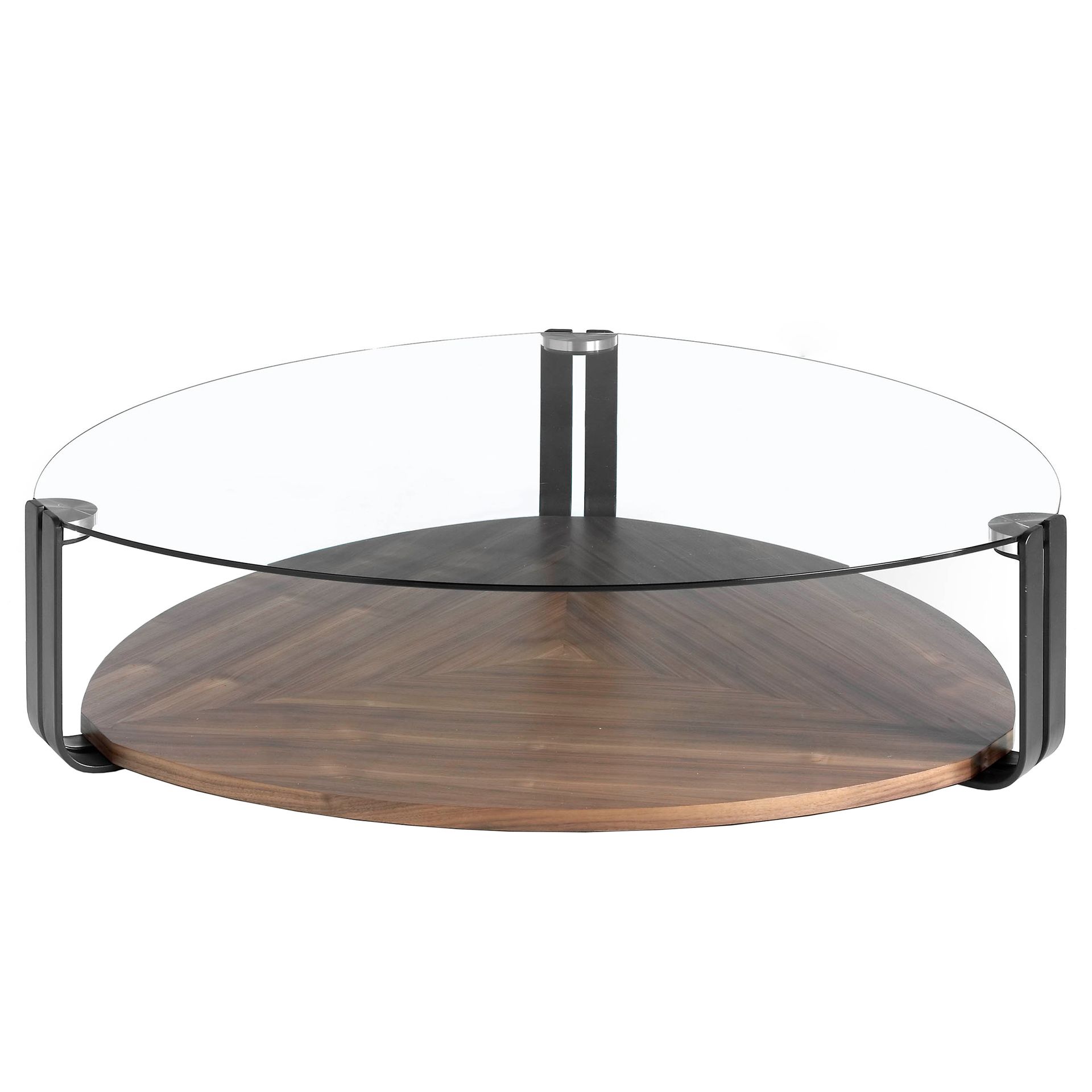 Triangular coffee table triangular tempered glass, black steel and walnut