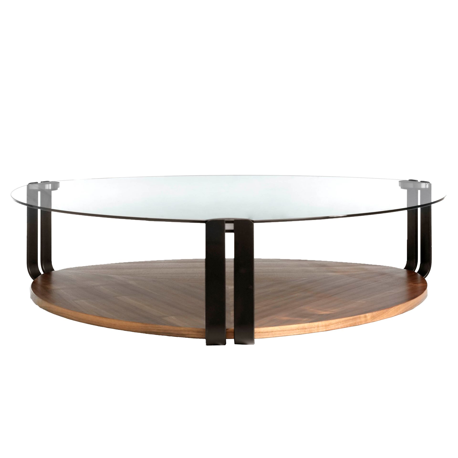 Triangular coffee table triangular tempered glass, black steel and walnut