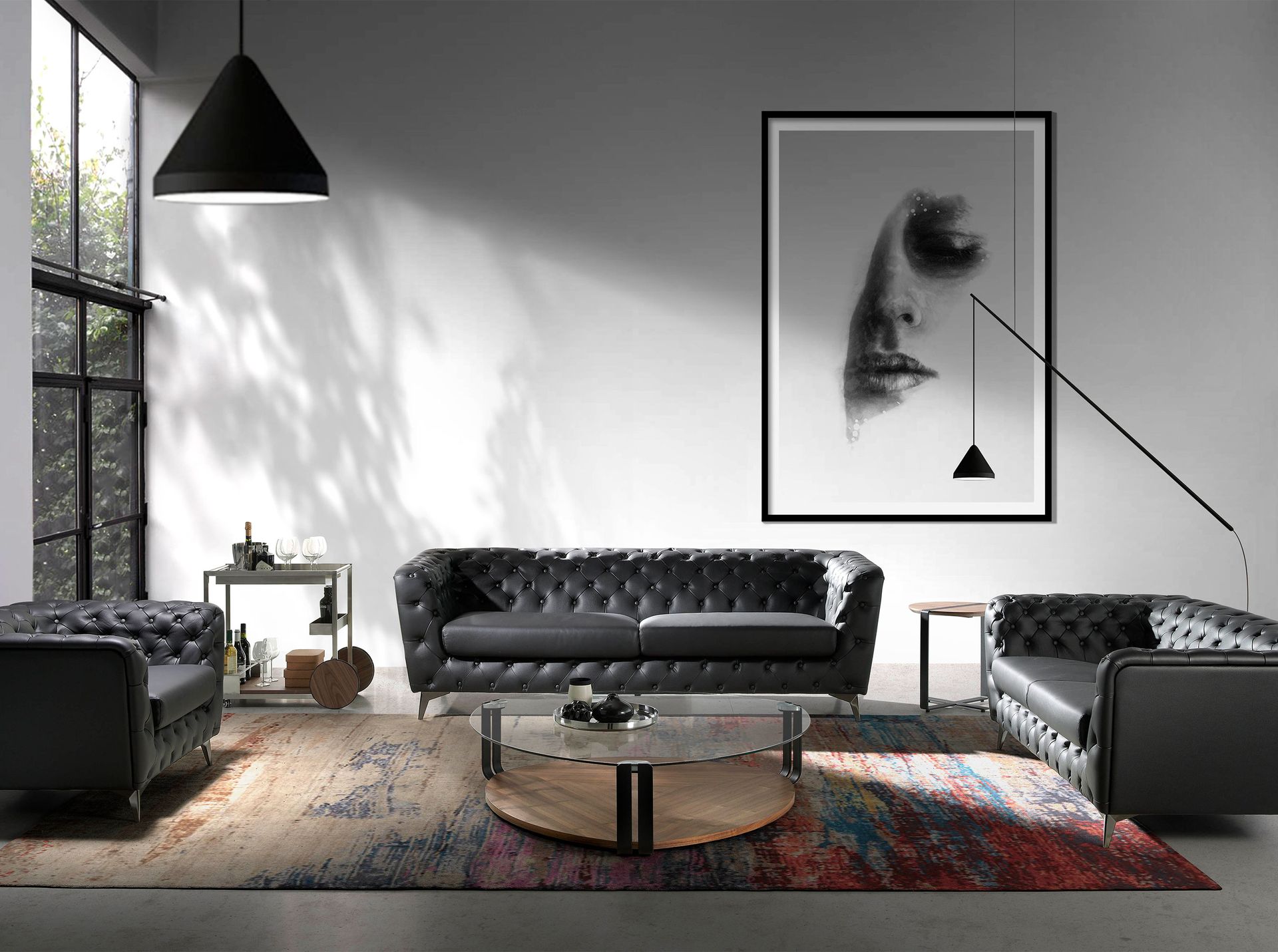 Triangular coffee table triangular tempered glass, black steel and walnut