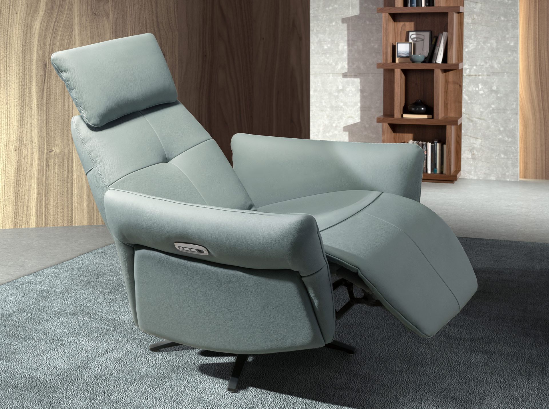 Turquoise green leather swivel relax armchair
