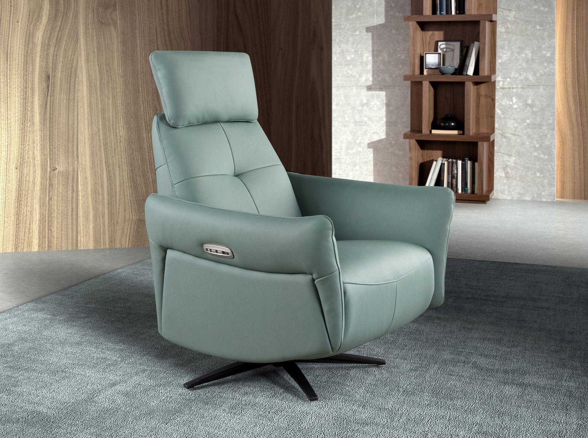 Turquoise green leather swivel relax armchair