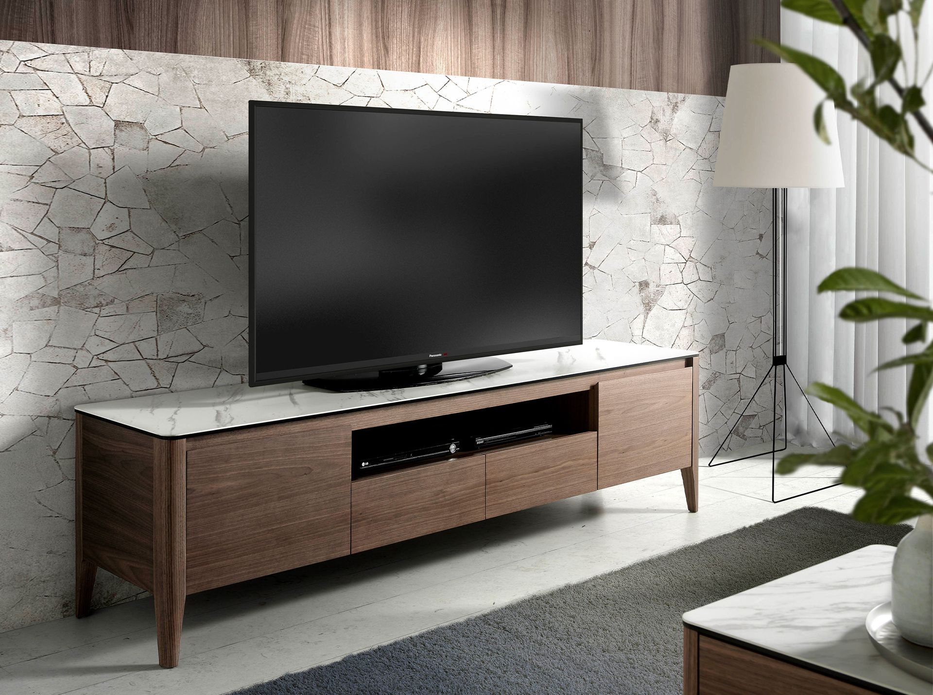 Walnut TV stand with glass top imitation marble