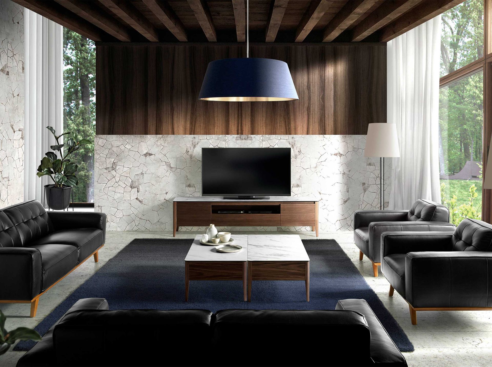 Walnut TV stand with glass top imitation marble