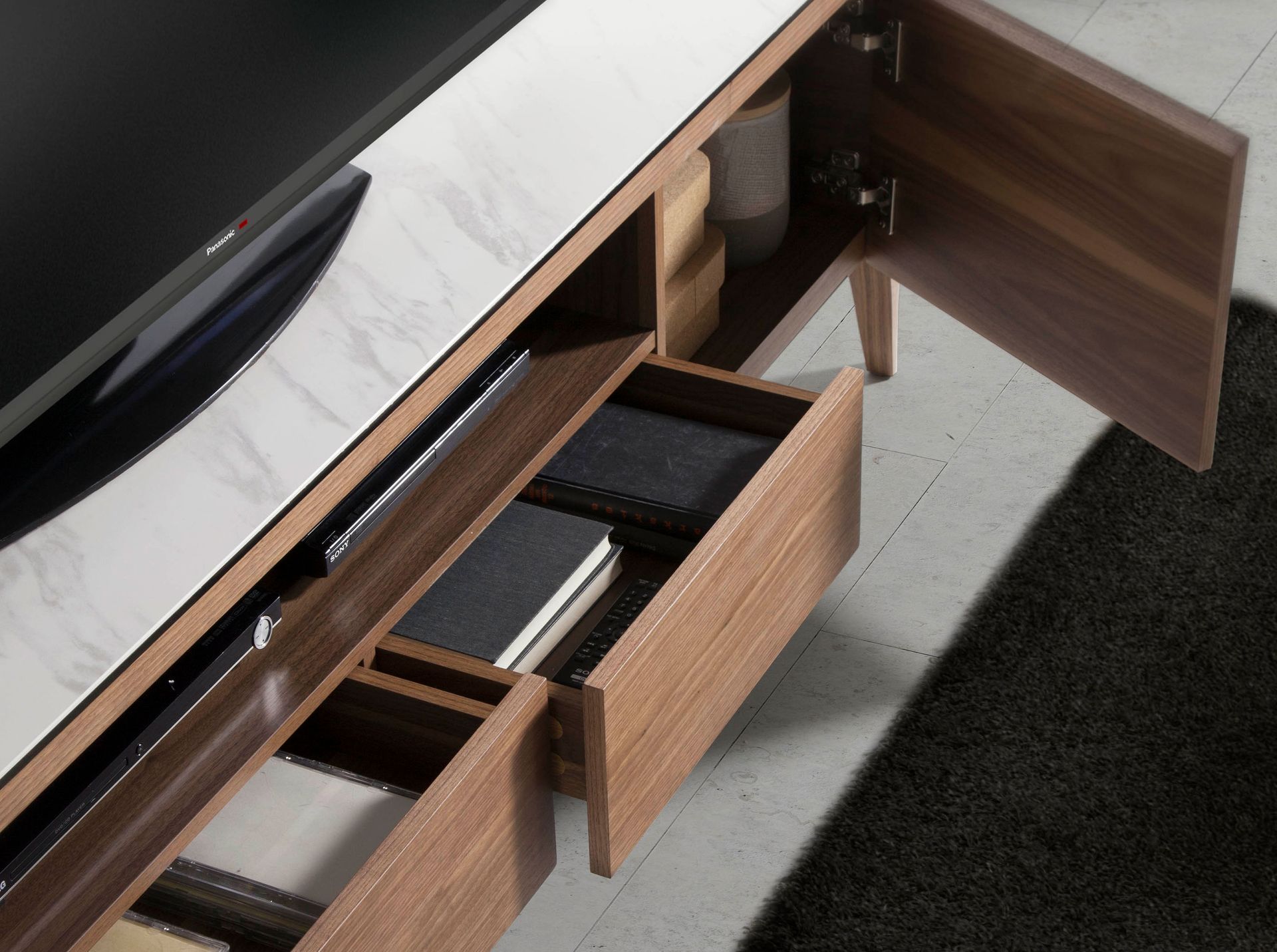 Walnut TV stand with glass top imitation marble