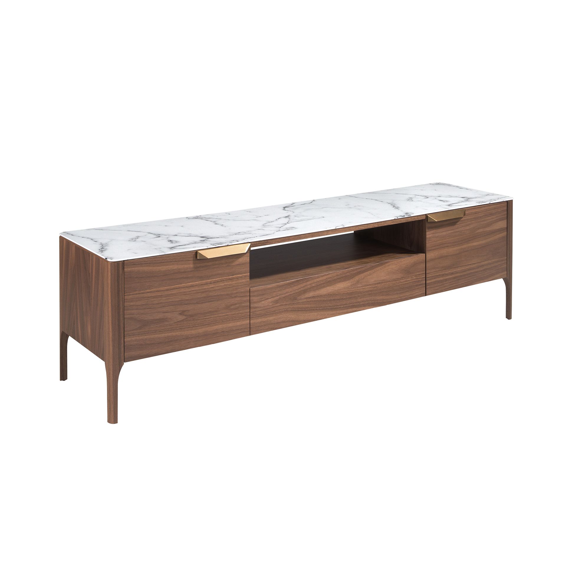 Walnut TV stand with imitation marble glass top