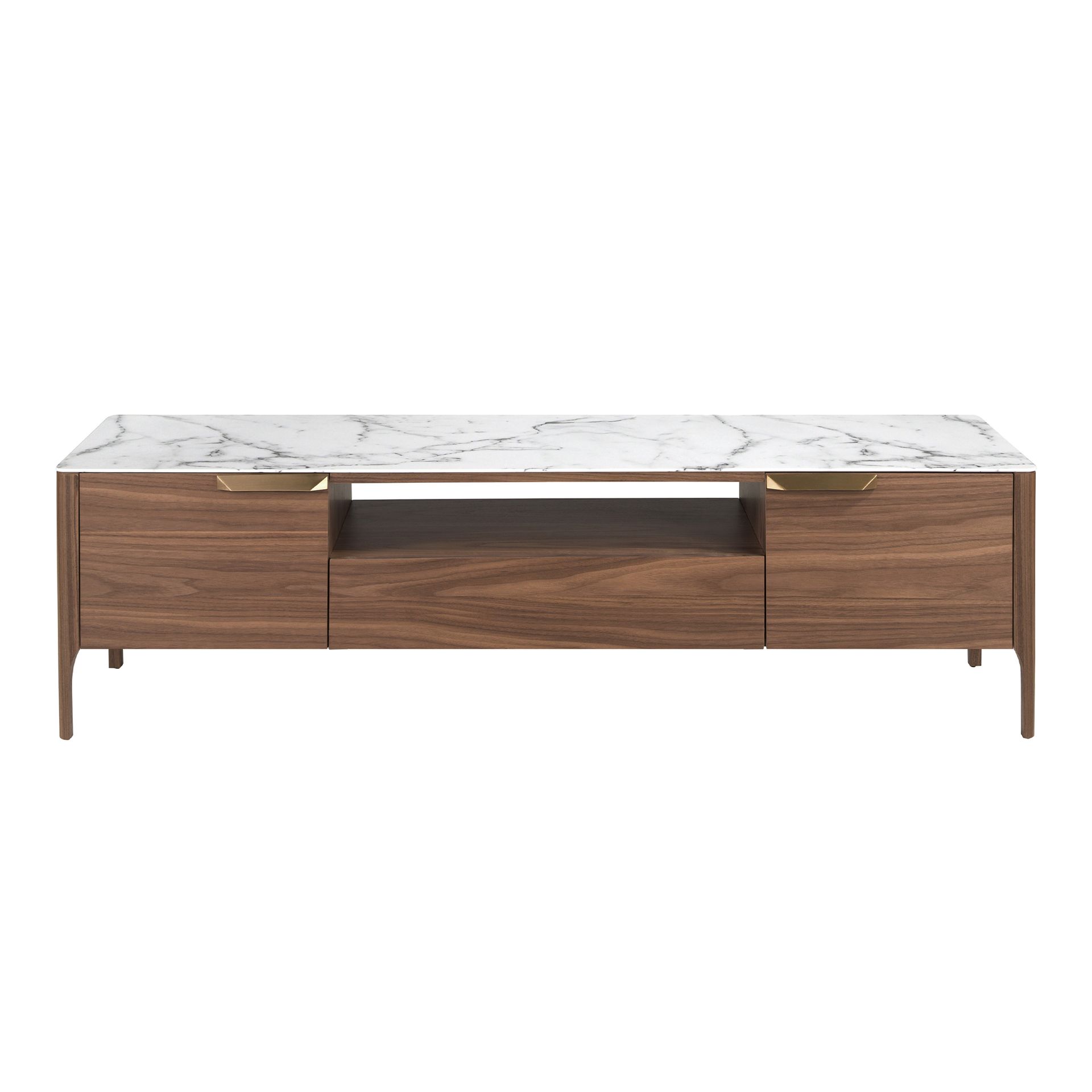 Walnut TV stand with imitation marble glass top