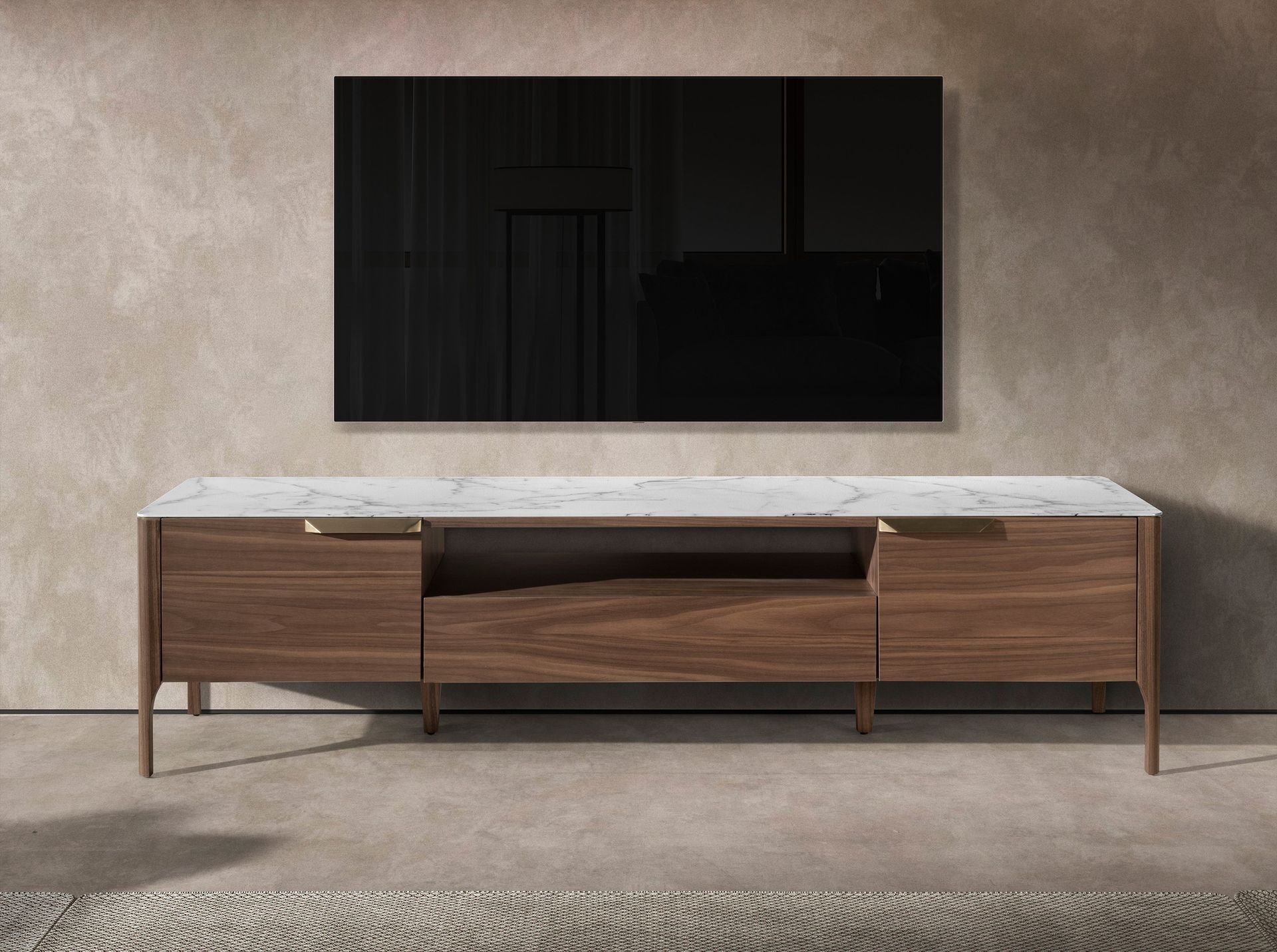Walnut TV stand with imitation marble glass top