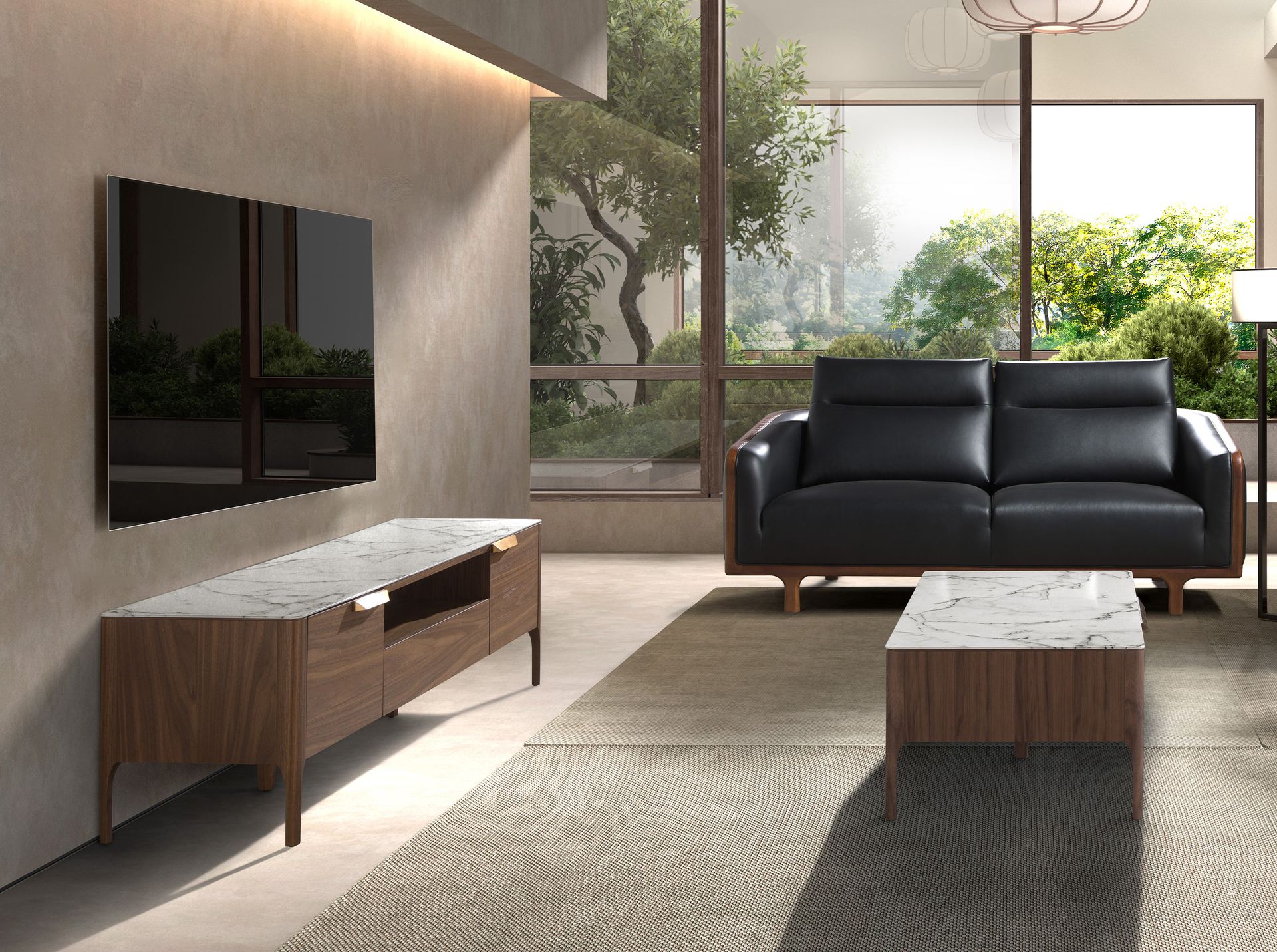 Walnut TV stand with imitation marble glass top