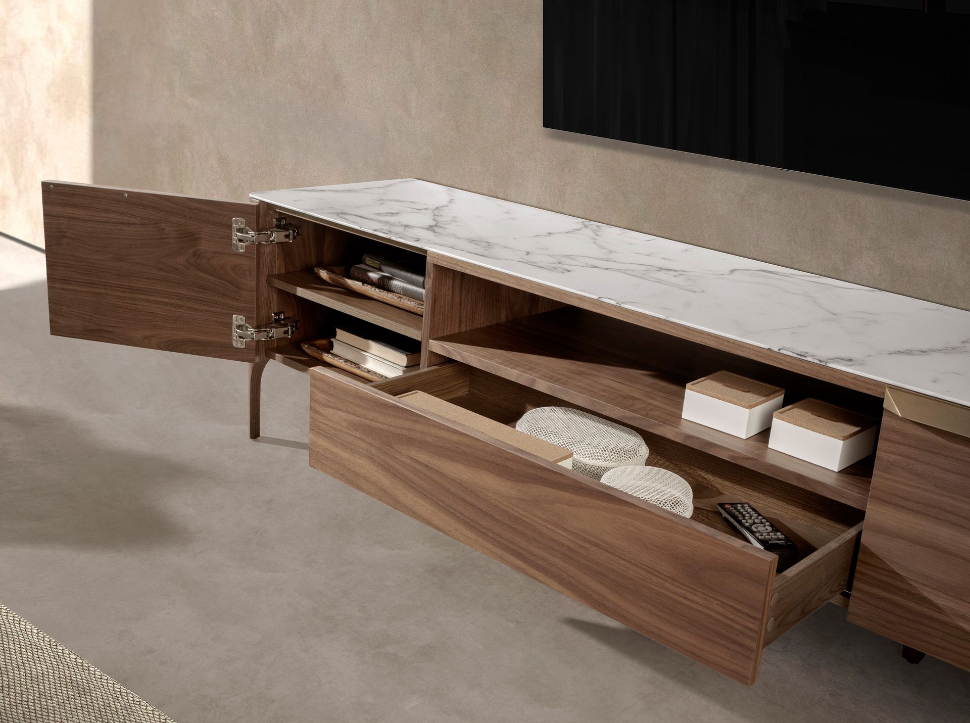 Walnut TV stand with imitation marble glass top