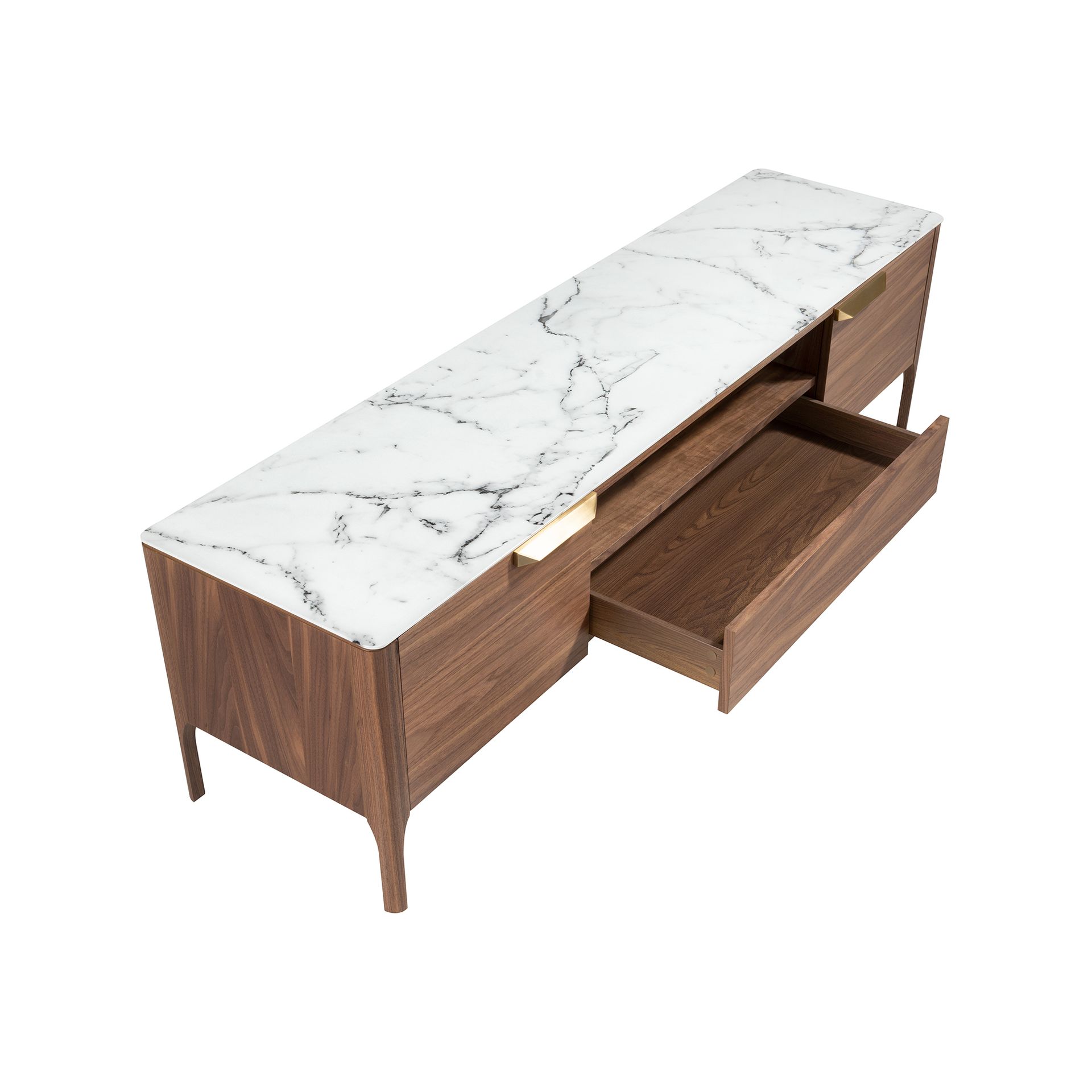 Walnut TV stand with imitation marble glass top