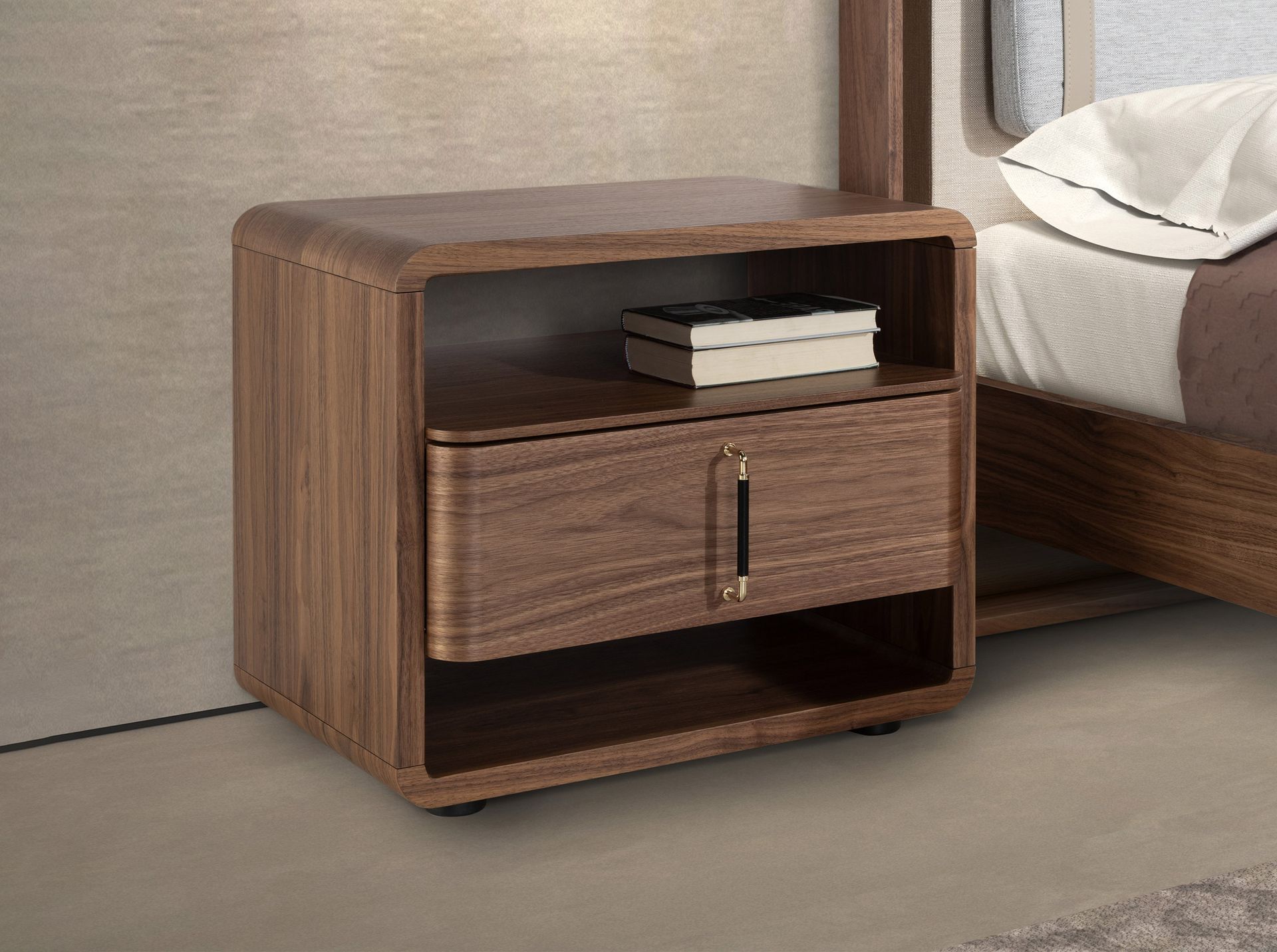 Walnut and black PVC bedside table