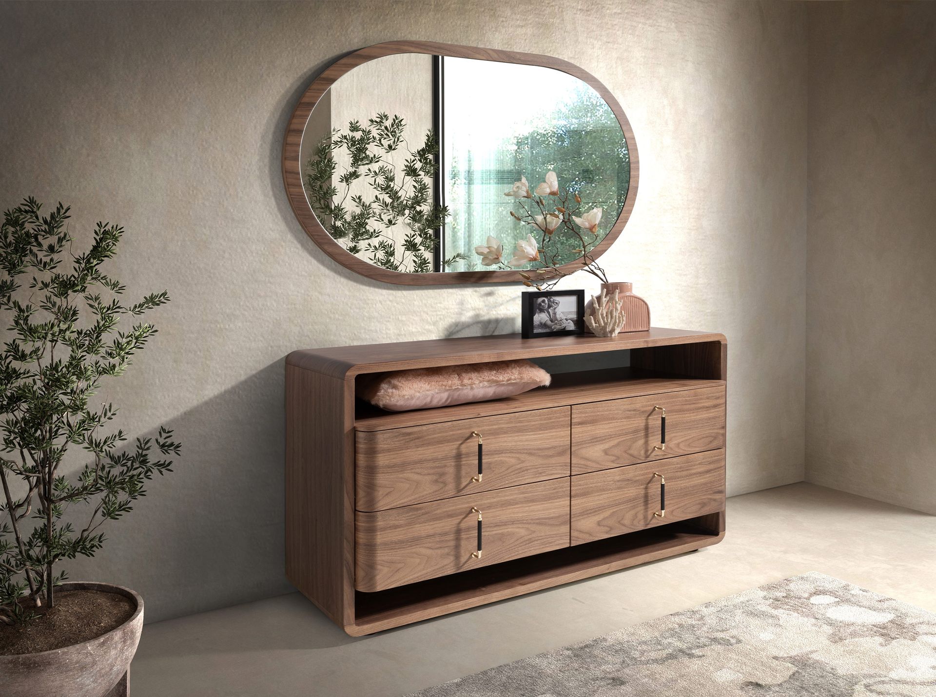 Walnut and black PVC chest of drawers