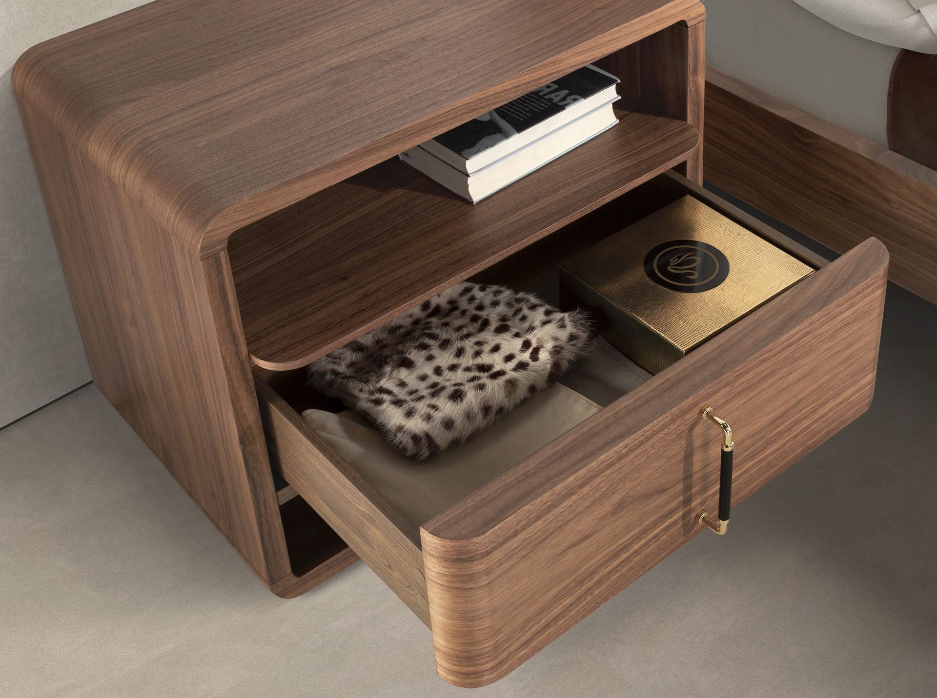 Walnut and black PVC bedside table