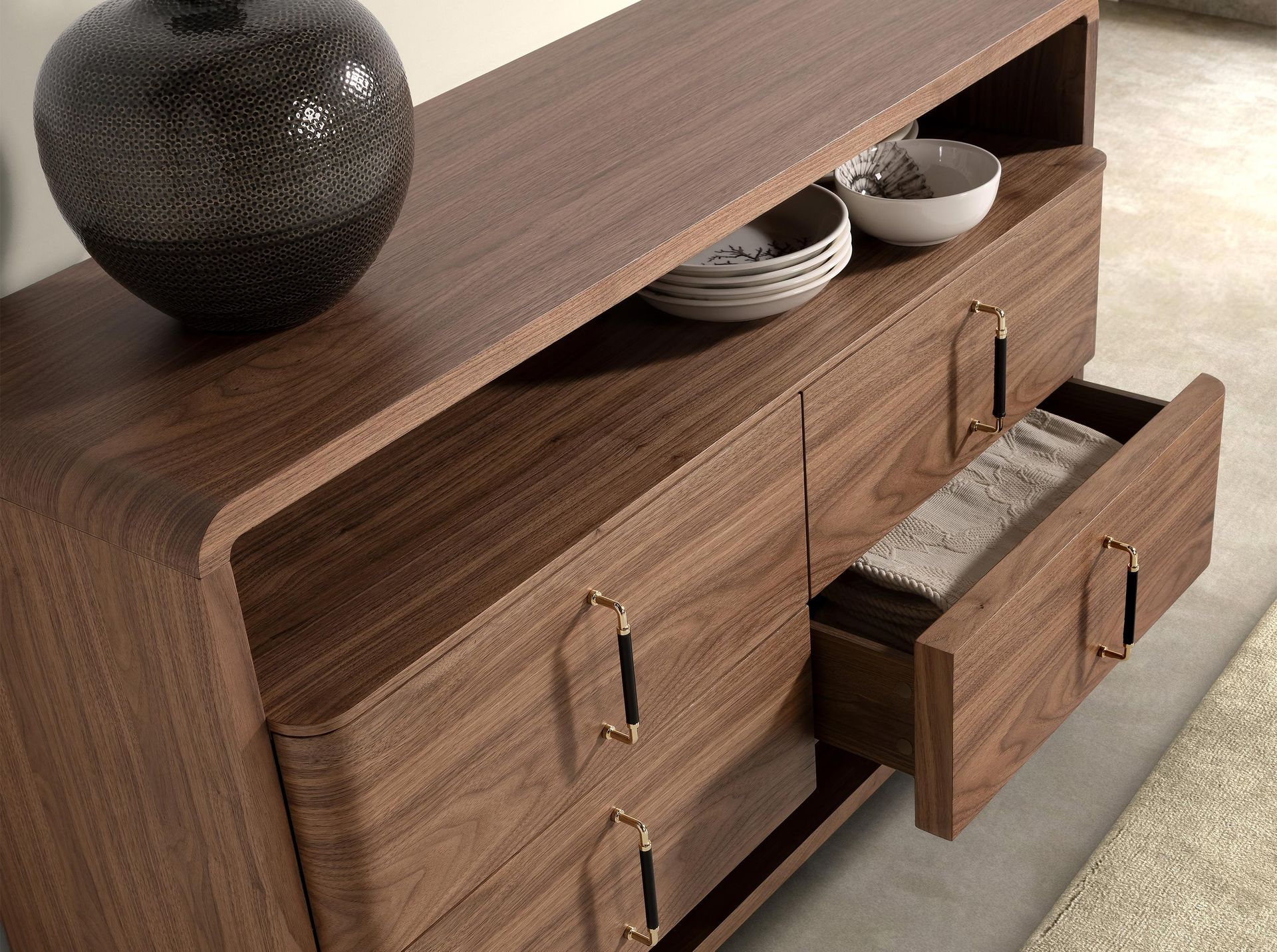 Walnut and black PVC chest of drawers